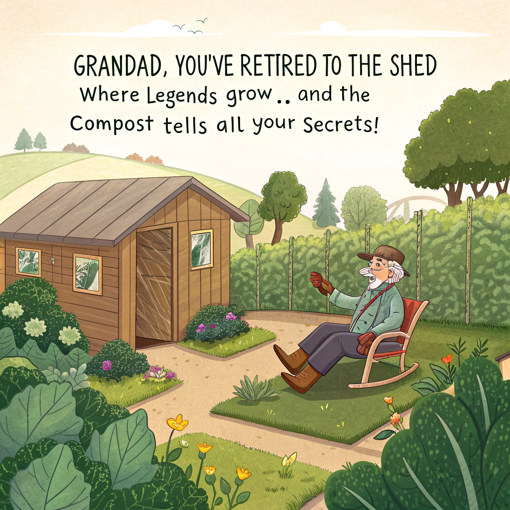 At the top of the image, "Grandad, you’ve retired to the shed where legends grow... and the compost tells all your secrets!"

— Visual: A realistic photograph-style scene of a sunny British allotment, bursting with leafy vegetables and tangled runner beans. In the foreground, a delightfully weathered wooden shed sits slightly crooked, covered in ivy and hanging gardening gloves.  

Seated outside the shed in an old-fashioned wooden rocking chair is Grandad — dressed in turn-of-the-century gardening clothes (high-waisted trousers held up by suspenders, a grandad-collar shirt, and a massive straw hat suspiciously resembling Luffy’s from One Piece). He has one muddy boot propped up on an upturned wheelbarrow, the other off entirely, sock flapping in the breeze.

In his hand: a slightly warm can of cheap lager raised in a triumphant toast. Behind him, a sign hangs crookedly on the shed that reads “MAN CAVE: BEER FIRST, DIGGING LATER.”

Scattered about him are visual jokes:
1. A calendar stuck to the shed says “I’ve been digging my retirement plan for 50 years.”
2. A plant pot with “Tomato Plants, do not talk back” scrawled on the side.
3. A gnome leaning against the watering can, holding a protest sign that reads “UNIONISE THE HOES!”
4. A hose pipe tangled into a noose shape with a caption "Plotting its next tripwire moment..."
5. A radio blaring an old rock 'n’ roll tune with a sticker that reads “Only plays Elvis or silence.”
6. A hand-painted sign stuck in the lettuce bed: “No peas on Earth will get me back to work.”
7. A tiny chalkboard says: “Tea brewed strong enough to fix marriages.”
8. His wheelbarrow filled not with soil, but empty beer cans and crisp packets, one labeled “Retirement-flavored.”
9. A calendar marked “Every day is Sunday now.”
10. A ravenous-looking pigeon mid-flight toward a discarded sausage roll beside him with a sign “Plot patrol incoming!”

Bottom of the image could include additional caption (optional):  
“Goodbye Grandad! From spreadsheets to seed beds, you’ve finally swapped the boss for Brussel sprouts!”
Generated with these themes: aAn allotment with a shed and a man sitting in a rocking chair wearing old fashioned clothing and a straw hat like from one piece drinking a beer with atleast 10 jokes.
Made with ❤️ by AI.