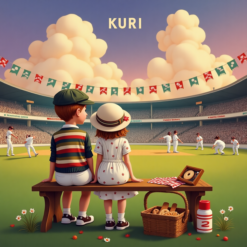 The scene is set in a vibrant cricket stadium under a twilight sky. In the foreground, a young boy and girl are depicted sitting on an old-fashioned, hand-carved wooden bench. The boy wears a striped, vintage-style cricket sweater with a flat cap, while the girl dons a charming, Edwardian-era dress with a delicate floral pattern, reminiscent of Beatrix Potter's illustrations. Her wide-brimmed hat is decorated with a few small, soft blue flowers.

Behind them, the cricket pitch is visible, with tiny, detailed cricketers in traditional white uniforms. The stadium is filled with a crowd of tiny, intricately detailed figures in the background, each wearing different colored hats that create a mosaic of colors—deep greens, rich reds, and vibrant yellows.

In the sky above the stadium, large puffy clouds are illustrated in a style akin to Maxfield Parrish, colored in hues of soft lavender and peach, suggesting the onset of evening. Across one of the clouds, the word "KURI" is artfully incorporated, looking as though it's part of the cloud's natural formation. 

In the middle ground, banners of flags flap gently in the breeze, each flag adorned with various geometric patterns and shades that reflect the spirit of a classic carnival.

In front of the bench, a quaint picnic basket sits open, revealing a checkered cloth and an assortment of cricket-themed cookies, shaped like tiny bats and balls, displayed as if inviting the viewer to join in. A small, old-fashioned thermos, painted in cheerful red and white stripes, rests beside the basket, completing the picturesque scene.
Generated with these themes: A boy and a girl going on a date , and Cricket stadium.
Made with ❤️ by AI.
