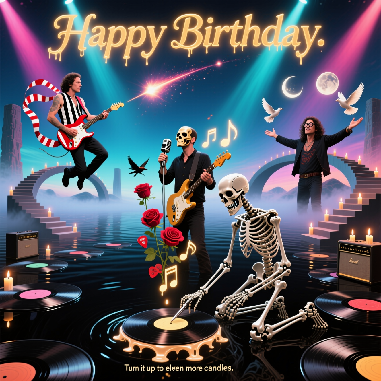 At the top of the Surreal Style image, add the text "Happy Birthday " softly glowing in warm gold, elegant and slightly melting.

A dreamlike, sincere surreal scene: a vast otherworldly stage rises from black glass water, built from looping vinyl records that twist into impossible stairways and Möbius bridges. Gentle, ethereal beams of light pour through a mist of psychedelic color—indigo, neon magenta, cyan, and warm amber—casting soft halos.

Center-left, a respectful, painterly likeness of Eddie Van Halen mid-air, his red–white–black striped guitar ribboning into the sky, strings becoming comet trails that weave into the vinyl grooves. Center, Corey Taylor holds a vintage microphone; a polished theatrical mask gently dissolves into luminous musical notes and blooming roses, the petals turning into guitar picks that tessellate into birds. Right, Ozzy Osbourne with round glasses like twin eclipsed moons, arms open as serene doves spiral upward; tiny candle flames perch along the record grooves like glowing notes.

In the foreground, a chrome endoskeleton reminiscent of a Terminator kneels as a gentle guardian, delicately lowering a turntable tonearm fingertip onto a floating record; the stylus sends ripples of light that form melting shapes, recursive steps, and interlocking patterns that defy gravity. Amplifier monoliths curve into the landscape, their edges soft and dream-melted. The mood is heartfelt, celebratory, and reverent—heavy metal energy expressed with warmth and wonder.

Soft volumetric lighting, high detail, painterly texture, subtle film grain, vertical composition, full-bleed image.

At the bottom in small, subtle lettering: “Turn it up to eleven more candles.”
Generated with these themes: Eddie Van Halen, Corey Taylor, Ozzy Osbourne, M C Escher, Terminator, Vinyl records, psychedelics, heavy metal, and .
Made with ❤️ by AI.