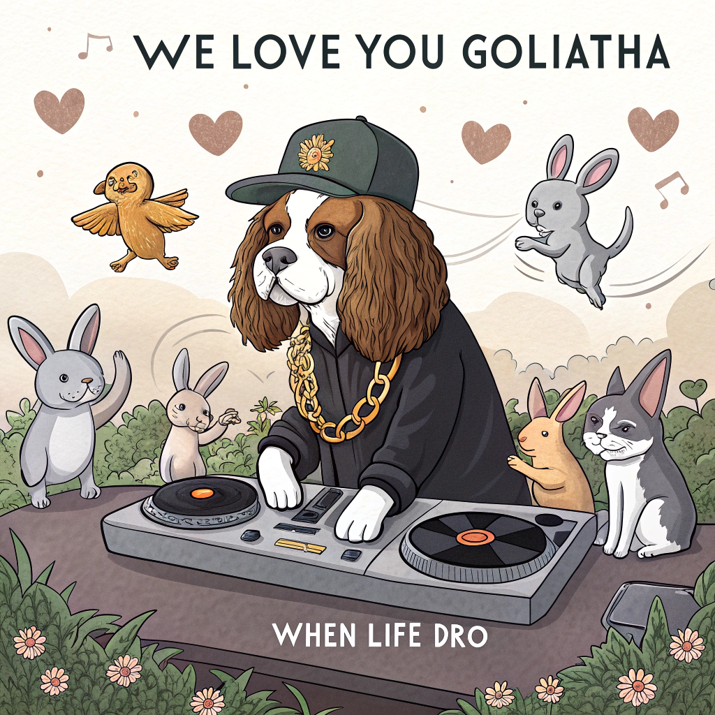 At the top of the image, "We love you Goliatha":

  - Create a whimsical cartoon scene featuring a King Charles spaniel decked out in hip hop attire, complete with a gold chain and a backward cap. The spaniel is joyfully spinning vinyl records on turntables made out of herbal supplement bottles.
  
  - Add a crowd of cartoon animals, including bunnies and cats, grooving to the beat, with little musical notes floating in the air.
  
  - At the bottom of the image, include the text: "When life drops the beat, remember you've got paws-itivity on repeat!"
Generated with these themes: Hip hop music, herbal supplements, King Charles spaniel, and .
Made with ❤️ by AI.
