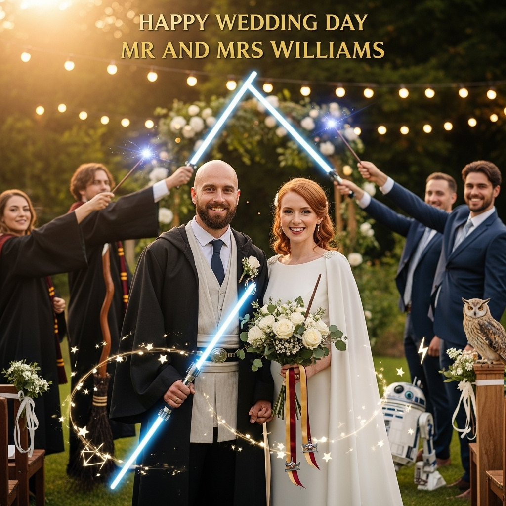 At the top of the Photorealistic picture taken from a camera image, the text “Happy Wedding Day Mr and Mrs Williams” in elegant gold-foil serif, softly embossed and gently glowing, centered and unobtrusive.

Ultra-high-definition 4K UHD, true-to-life wedding portrait in a sunlit garden at golden hour, shallow depth of field with creamy bokeh from warm string lights. A fun, tasteful mash-up of Harry Potter and Star Wars wedding vibes. Center frame: the groom—bald with a well-groomed beard—in a sharp black tux subtly layered with a Jedi-style robe; a deactivated blue lightsaber hilt clipped to his belt, a tiny golden-snitch boutonniere, confident grin. Beside him, the bride—radiant ginger hair in soft waves—wears a classic white gown with a flowing, cape-like veil; she holds a slender wand and a bouquet of white roses accented with scarlet-and-gold ribbons and tiny starship charms. Friends form an honor guard behind them: some in wizard robes holding glowing wands, others in smart suits raising softly lit lightsabers crossed overhead. A polished broom leans playfully against the arch; a small astromech-style droid peeks at the aisle; an owl perches on a rustic post. Subtle magical sparkles swirl around them like confetti shaped as stars and lightning bolts, captured with lifelike textures and accurate lighting. Natural skin tones, crisp fabric detail, realistic reflections on metal hilts, cinematic color grading.

Camera style: full-frame DSLR look, 50mm prime lens, f/1.8, 1/200s, ISO 200, eye-level composition, tack-sharp on the couple, rich depth of field and nuanced shadows.

At the bottom, a small cheeky caption in white italic: “Mischief managed. May the vows be with you.”
Generated with these themes: Harry potter, star wars, bald groom with beard, ginger haired bride, and .
Made with ❤️ by AI.