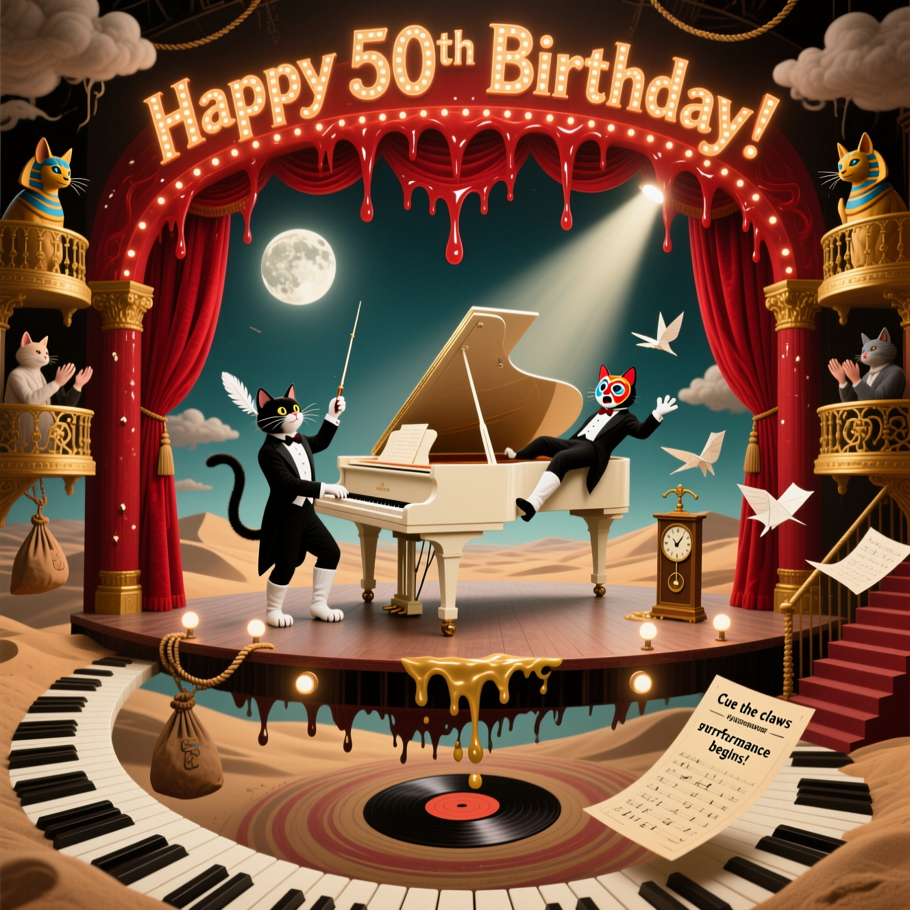 Theatre, Drama, Vintage, Piano, Cats, and Birthday Card