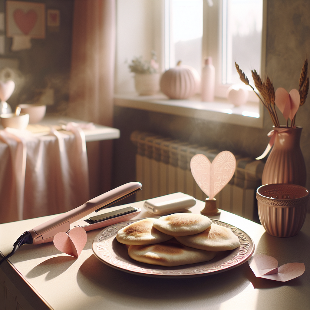 A cozy breakfast nook basks in the soft morning light. The scent of freshly baked pitas wafts through the air. They are arranged on a pastel pink ceramic plate, as a hint to a Mother's Day celebration. Beside it on the counter sits a sleek hair straightener, an everyday tool of a mother's morning routine, now lies unused - a symbol of her having a day off. Pink paper hearts, clearly crafted by small hands, are scattered around the room enhancing the festive atmosphere, their gentle hues blending with the room's affectionate aura.
Generated with these themes: Pitas, Straightener, Hearts, and Pink.
Made with ❤️ by AI.