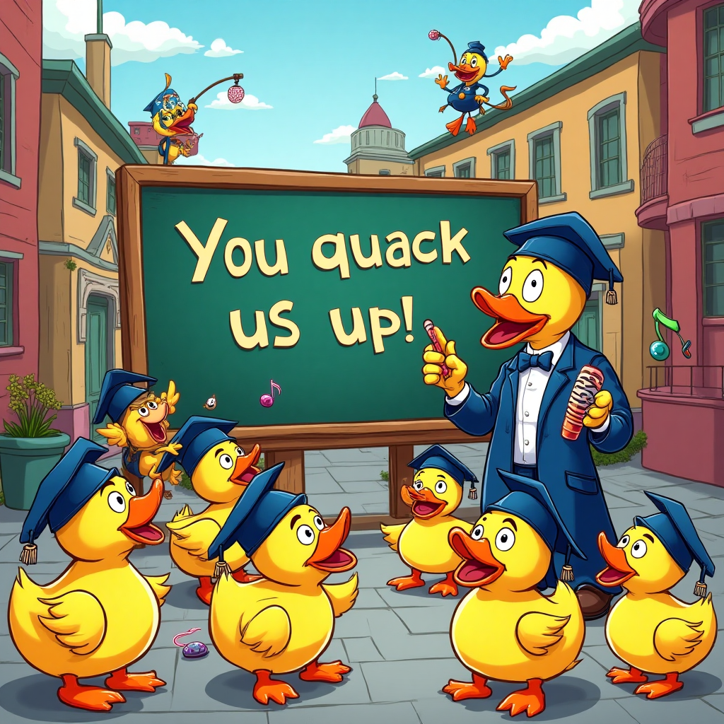 At the top of the Cartoon Style image, write in bold, playful bubble letters: **Thank You Braiswick Family**.  

Create a vibrant, funny cartoon scene set in a whimsical schoolyard: a group of cheerful yellow rubber ducks wearing tiny graduation caps, juggling colorful school supplies, while a few mischievous crickets dressed as class clowns leap around telling jokes with tiny microphones. A smiling joker character, wearing a teacher’s gown but with oversized comedy shoes, is pointing at a giant chalkboard that says in bright, chalky letters: *"You quack us up!"*. The ducks are mid-laughter, some rolling over in hilarity, while the crickets play little drum rimshots. The background is filled with exaggerated, bright-colored school buildings, bouncing pencils, and swirling music notes. Bold thick outlines, saturated colors, and over-the-top cartoon expressions make everything pop with fun, silly energy.
Generated with these themes: Thank You, School rubber ducks crickets insects joker, and .
Made with ❤️ by AI.