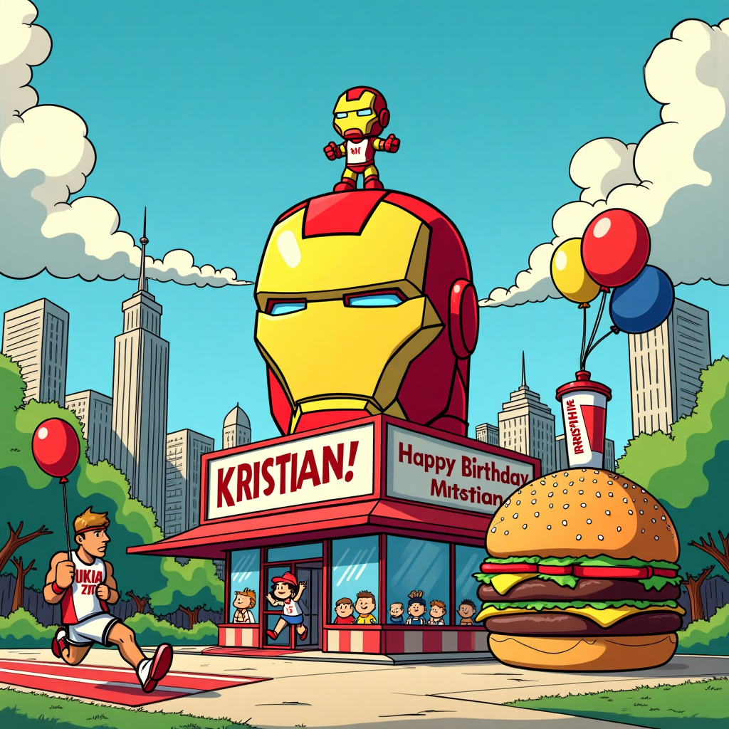 Imagine a lively cartoon scene bursting with vibrant colors and humorous details, perfectly encapsulating a birthday celebration with a dash of quirky flair.

**Background:**  
The backdrop is a bustling cityscape with towering skyscrapers, rendered in bold, clean lines reminiscent of Hergé’s Tintin, but infused with a Disney-esque vibrancy. The sky is a bright, cheerful blue, dotted with fluffy white clouds shaped like popcorn.

**Central Scene:**  
- **Iron Man Birthday Cake:** At the center, there's a towering, oversized birthday cake shaped like Iron Man's helmet. The red and gold frosting gleams under the sunlight, meticulously detailed with his iconic faceplate. Atop the cake is a tiny, playful Iron Man figurine in a classic flying pose.

- **Athlete:** To the left, an athlete in an exaggerated running pose, sporting a comically oversized headband and shoes. The character's musculature is defined with R. Crumb-like boldness, wearing a jersey that says "Kristian" in bold, playful font, with a running track spiraling around the cake.

- **Burger Stand:** On the right, a whimsical burger stand shaped like a giant burger, complete with sesame seed roof. The burger patty is comically oversized, and a ketchup bottle is squirting ketchup skyward in an arc.

- **Cinema Scene:** Behind the cake, a cinema facade with a large marquee reads, “Happy Birthday, Kristian!” in twinkling lights. A playful twist—cartoon characters like Astro Boy and Calvin are peeking out from the cinema doors, munching popcorn.

**Foreground Elements:**  
- Balloons in vibrant primary colors (red, yellow, blue) float around, each with cartoonish expressions, channeling a Schulz-style charm.
- A comically large soda cup with a straw that stretches toward the sky sits to the side, a nod to the exaggerated whimsy of Bill Watterson’s style.

**Details & Colors:**  
- Vivid reds and golds for Iron Man, contrasting with the athlete’s crisp white and blue attire.
- The burger features lush greens and bright reds, while the cinema’s marquee glows with warm yellows and oranges.

The overall scene captures the essence of a vibrant, comic-book style birthday celebration, brimming with whimsical and exaggerated details, all centered around the joyful name "Kristian".
Generated with these themes: iron man, athlete, burger and cinema .
Made with ❤️ by AI.