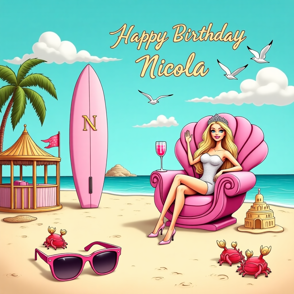 On the front of the birthday greeting card, envision a vibrant cartoon scene that pops with playful eccentricity. The setting is a glamorous beach in Beverly Hills, where the sand is a delicate shade of blush pink, almost as if it's sugar-spun candy. In the center of the scene, a Barbie-esque character with long, flowing blonde hair and a sparkling tiara sits regally on a luxurious pink-and-gold throne shaped like a seashell. This character, embodying the grace of a Queen, waves elegantly, her fingers adorned with twinkling rings that catch the sunlight. 

To the left, a small beach cabana, with bamboo pillars and a thatched roof, serves up glasses of fizzy pink lemonade in crystal goblets, while a chic pink surfboard leans casually against it, boasting the golden monogram "N" for Nicola. Above, seagulls form a flying V across the blue sky, and fluffy white clouds spell out "Happy Birthday Nicola" in a whimsical, breezy script, like skywriting done by an artistic pilot.

Nearby, a shimmering sandcastle, crafted to look like a mini Beverly Hills mansion, stands proudly with tiny flags made from silk scarves fluttering in the gentle breeze. As a nod to vintage cartoons, a comically oversized pair of sunglasses rests on the sand, casting a playful shadow, reminiscent of R. Crumb’s exaggerated style. A small group of cheeky crabs, dressed in tiny pearl necklaces, scuttle about, balancing golden clamshells like fancy handbags. This delightful tableau captures the essence of fun, fashion, and fantasy, perfect for celebrating Nicola’s birthday in true Beverly Hills beach style.
Generated with these themes: Barbie, Queen, Beverly Hills, pink, beach vibes, blonde, classy.
Made with ❤️ by AI.
