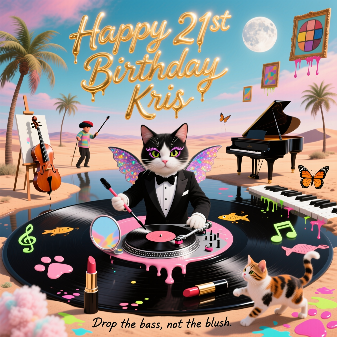At the top of the Surreal Style image, "Happy 21st Birthday Kris" in shimmering liquid-gold lipstick script, gently melting and softly glowing.

A dreamlike, Dali-inspired landscape: sherbet skies over a silky desert where a giant vinyl record forms a glossy black lake. At its center, a tuxedo DJ cat with dramatic winged eyeliner and glittered cheeks spins a compact-mirror turntable; the needle is a mascara wand, lipstick tubes act as faders, and a blush nebula swirls like cotton-candy sound. Paintbrush palm trees with mascara-bristle fronds sway; an easel-cello droops while a tabby with a lipstick moustache bows it; a calico in a painter’s beret conducts with a mascara baton. A grand piano on impossibly long stilt-legs strides across the horizon, its melting keys peeling off into fish-shaped musical notes that bouncing cats chase, leaving neon paw-paint splashes. Frames and canvases drip from the sky, and an eyeshadow-palette moon bathes everything in pearlescent, ethereal gradients with long, thin shadows. Whimsical, cheeky, and funny; glossy cosmetic textures meet velvety fur and wet paint, music notes morph into butterflies, surreal depth and soft rim light. Portrait, full-bleed, ultra-detailed.

At the bottom, tiny playful caption in eyeliner script: "Drop the bass, not the blush."
Generated with these themes: Music, Cats, Art, Makeup, and .
Made with ❤️ by AI.