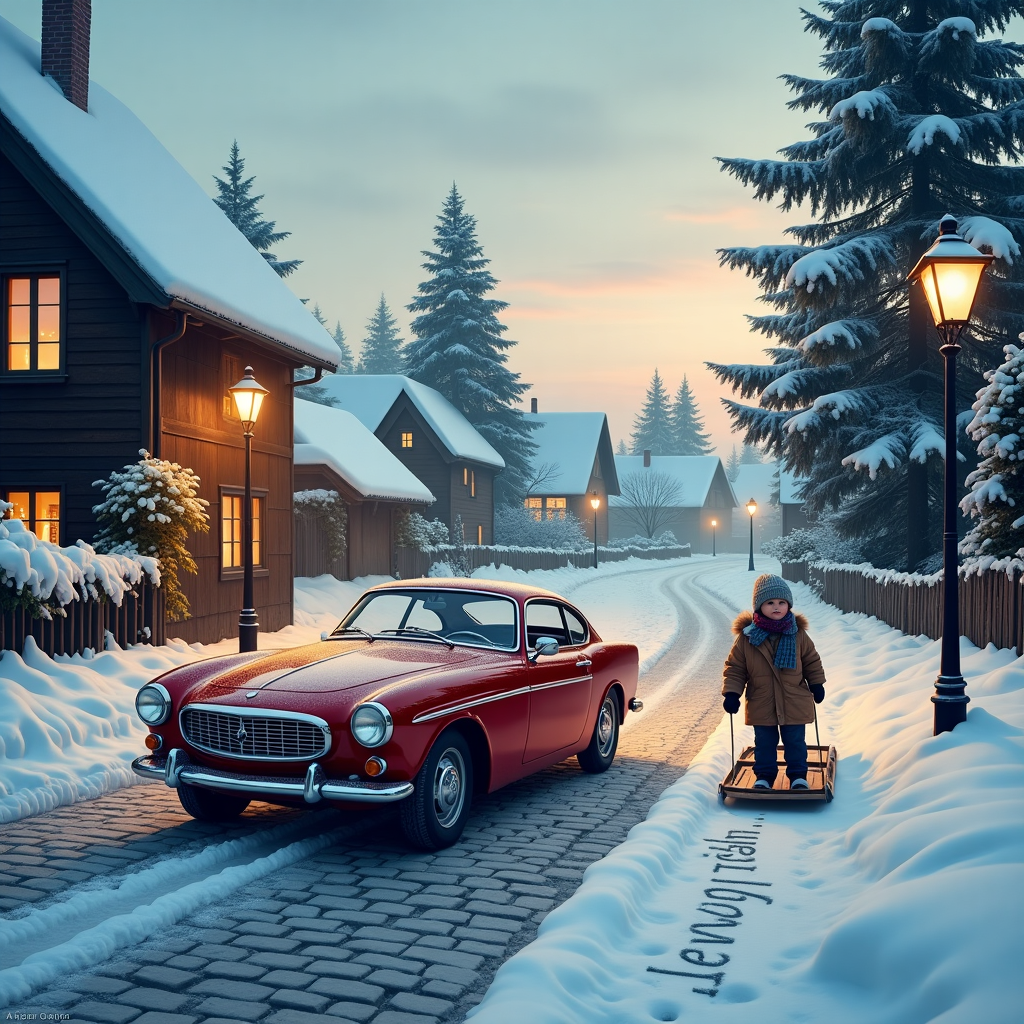 In the photograph, envision a serene winter wonderland, where a classic Volvo P1800 sits majestically against a backdrop of freshly fallen snow. The car, a vintage beauty in deep cherry red, glistens under the delicate touch of early morning light. Its sleek, curved body is outlined by a gentle layer of snow, like icing on a cake, accentuating the elegant contours that make it a timeless masterpiece. The P1800 is parked beside a narrow cobblestone road that winds through a picturesque Scandinavian village, its cobbles partly visible through the thin veil of snow. 

In the background, quaint wooden houses with steep, snow-draped roofs line the street, their windows aglow with the warm, inviting light of flickering candles. Smoke billows softly from chimneys, creating whimsical spirals that rise into the pale, azure sky, where the first hints of dawn paint delicate hues of pink and orange. A nearby streetlamp, dusted with frost, casts a soft, golden glow over the scene, highlighting a small child clad in a thick woolen coat, scarf, and mittens, joyously pulling a wooden sled behind them. 

A pair of majestic evergreen trees stand sentry on either side of the road, their branches heavy with snow, serving as a natural frame for the car. Delicate snowflakes, like tiny stars, continue to drift gently from the heavens, kissing the earth below and completing this enchanting New Year’s tableau. In the foreground, etched in the snow beside the Volvo, someone has artfully written "Happy New Year" with a finger, a simple yet heartfelt message to accompany this solemn scene.
Generated with these themes: Volvo, P1800, Snow, , and .
Made with ❤️ by AI.