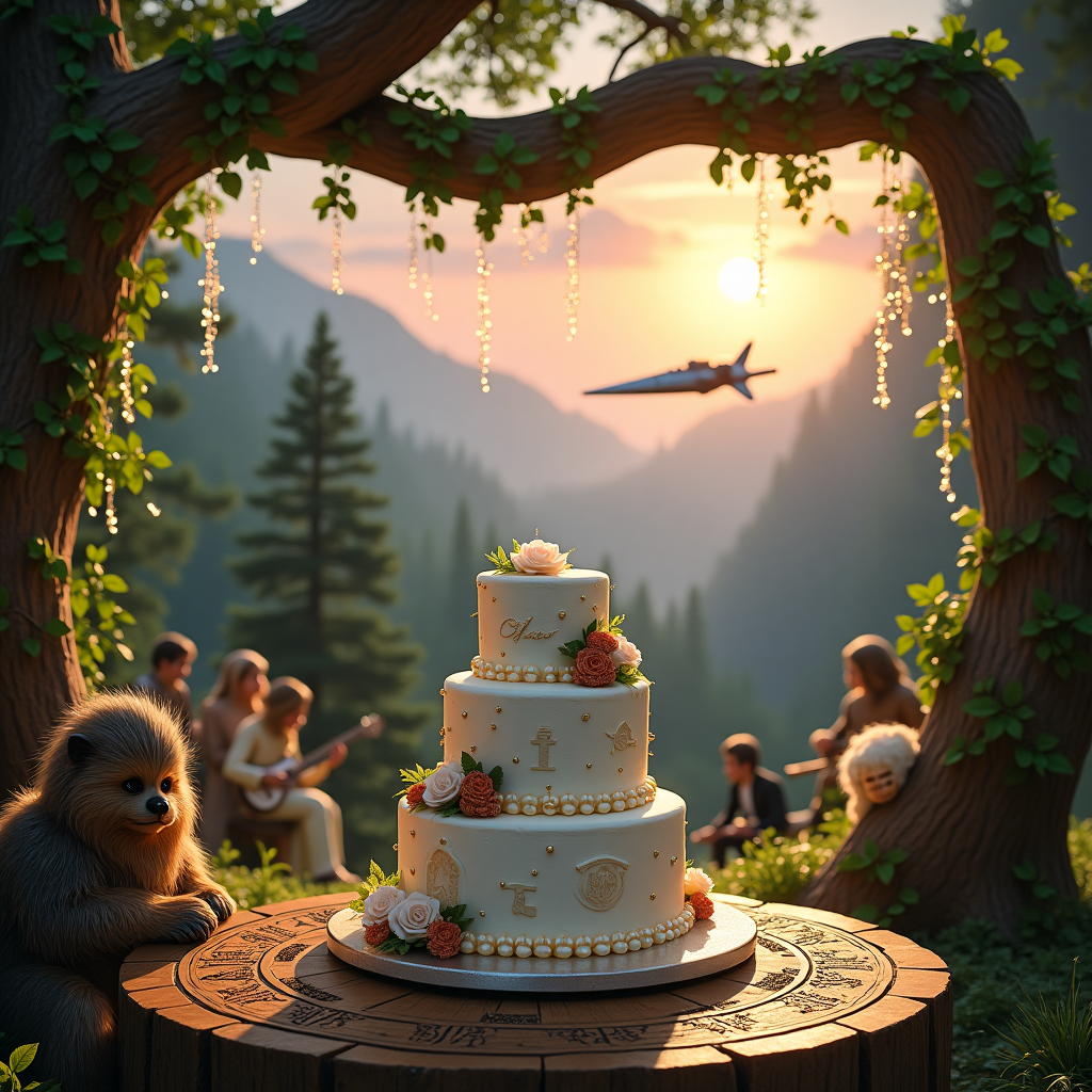 The scene opens with a Star Wars-inspired wedding set on the forest moon of Endor. In the foreground, a rustic wooden table, carved with intricate Jedi symbols, holds a beautiful three-tiered wedding cake. The cake's tiers are lovingly decorated: the base is covered with white fondant that mimics the soft textures of a flowing wedding gown, adorned with tiny edible pearls resembling a galaxy of stars. The middle tier features hand-painted scenes from iconic Star Wars weddings, such as Anakin and Padmé’s secret ceremony, etched in subtle gold, and offset with delicate sugar-crafted Ewoks peeking out playfully. The top tier is a stunning representation of two crossed lightsabers made from spun sugar, with trails of shimmering stardust cascading down.

Above the table, a garland of lush green vines intertwined with glowing blue fairy lights dangles from an overhanging tree branch, creating a romantic canopy. Nestled within the vines are delicate white blossoms that mimic Alderaanian flora, lending a touch of elegance. A small, hologram-like image of Princess Leia and Han Solo dances in mid-air above the table, brought to life with soft shades of transparent blue and white.

To the left, a quaint gathering of guests can be seen — an eclectic mix of Star Wars characters in wedding attire. Chewbacca dons a tailored tuxedo, with a silk bowtie in deep crimson, and R2-D2, cheerfully rolling about, is adorned with a bouquet of tiny white roses atop his dome. In the background, a band of Bith musicians, known for their lively tunes in Mos Eisley Cantina, plays melodiously under the open sky, their instruments gleaming silver against the dappled sunlight filtering through the trees.

In the sky above, a banner flies majestically from the back of an X-wing fighter, piloted by a jubilant Wookiee. The banner flutters with bold, golden letters that read "Wedding Acceptance," visible against the vivid hues of the setting sun which paint the sky in a palette of pinks, purples, and deep oranges.

Throughout the scene, scattered on the ground, are fallen rose petals and small sparkling confetti shaped like hearts and tiny Millennium Falcons. This surreal yet vividly detailed setting captures the essence of a love-filled celebration in the Star Wars universe, creating a perfect blend of fantasy and reality for a thank-you card commemorating a unique wedding.
Generated with these themes: Star Wars, Wedding, and Love.
Made with ❤️ by AI.