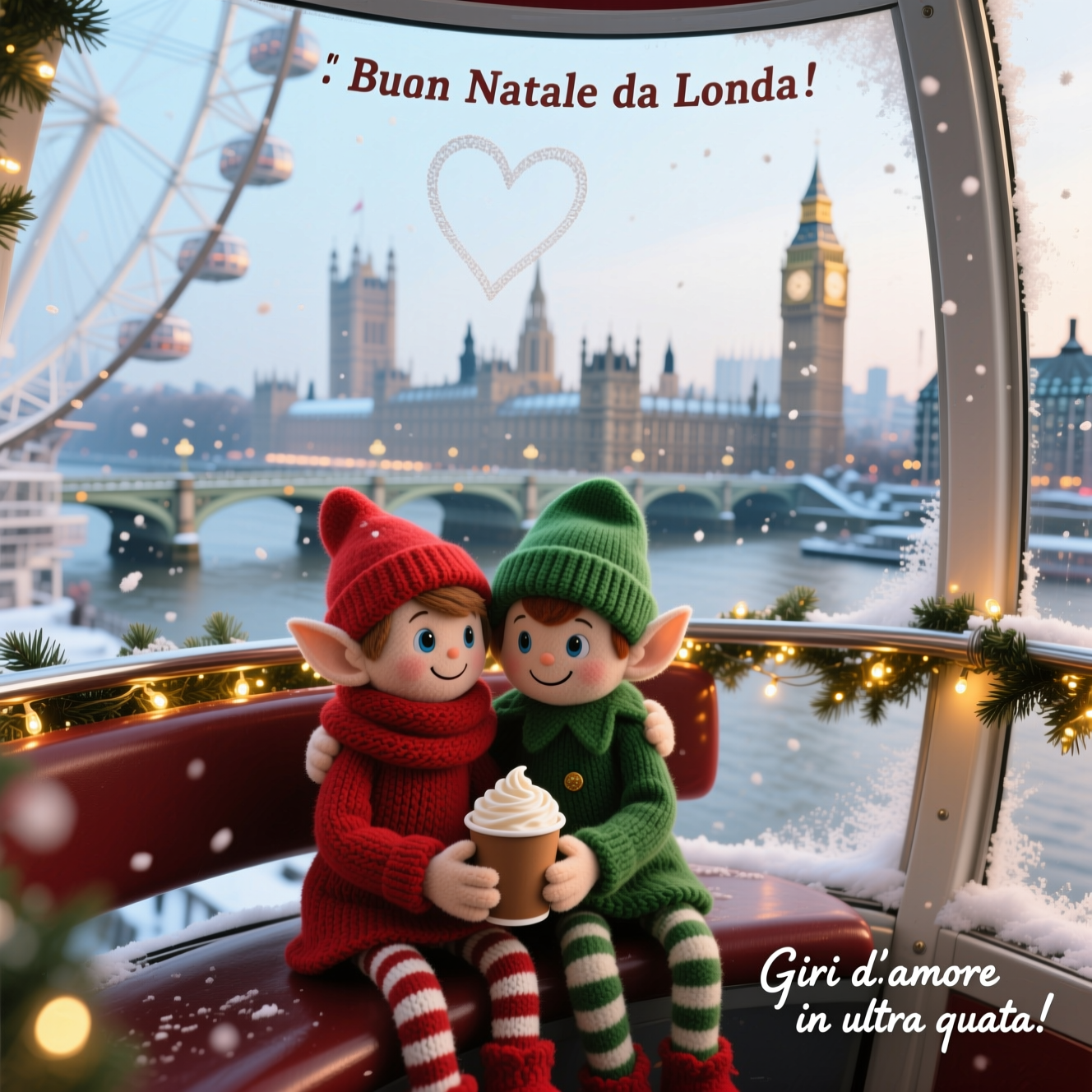 At the top of the Photorealistic picture taken from a camera image, Buon Natale da Londra, Sophia e Alessia!

Ultra-high-definition 4K UHD, true-to-life, romantic daytime winter photograph of two Elf on the Shelf elves cuddled together inside a London Eye capsule at Christmas in London, di giorno. The plush elves sit side-by-side on the curved bench, their felt hands gently linked; one wears a tiny red knit scarf, the other a green knit beanie. Between them rests a miniature paper cup of hot chocolate with a swirl of whipped cream. Through the crystal-clear curved glass, the London skyline stretches in soft winter daylight: the Thames, Westminster Bridge, and the Elizabeth Tower (Big Ben) in the distance. Light flurries of snow drift outside; a small heart is traced on a light frost patch on the window near their heads. The capsule handrail is wrapped with evergreen garland and warm micro-LED fairy lights, casting a golden, cozy glow that reflects on the glass. Composition leaves ample negative space of pale winter sky above their heads for the title; the London Eye’s elegant steel arcs frame the scene. Lifelike textures: felt fabric, stitched smiles, knit fibers, glossy glass, and metallic struts rendered with accurate lighting. Color palette: deep Christmas reds, evergreen, warm golds, and cool icy blues. Depth of field: elves tack-sharp in the foreground, the city softly detailed with gentle bokeh from the fairy lights. Lighting: natural overcast daylight balanced by warm fairy light accents; realistic reflections and subtle shadows. Camera specs: 35mm prime lens, f/2.8, ISO 200, 1/250s, daylight white balance, high dynamic range, natural color grade, subtle film-like grain. Mood: tender, intimate, joyful, romantic; no crowds, just the two elves sharing a quiet moment high above London.

At the bottom-right, add a small, cheeky line in delicate handwritten script (semi-transparent white with a soft shadow for legibility): Giri d’amore in alta quota.
Generated with these themes: Due elfi di elf on the shelf sulla ruota panoramica a Londra a Natale, Di giorno, and .
Made with ❤️ by AI.