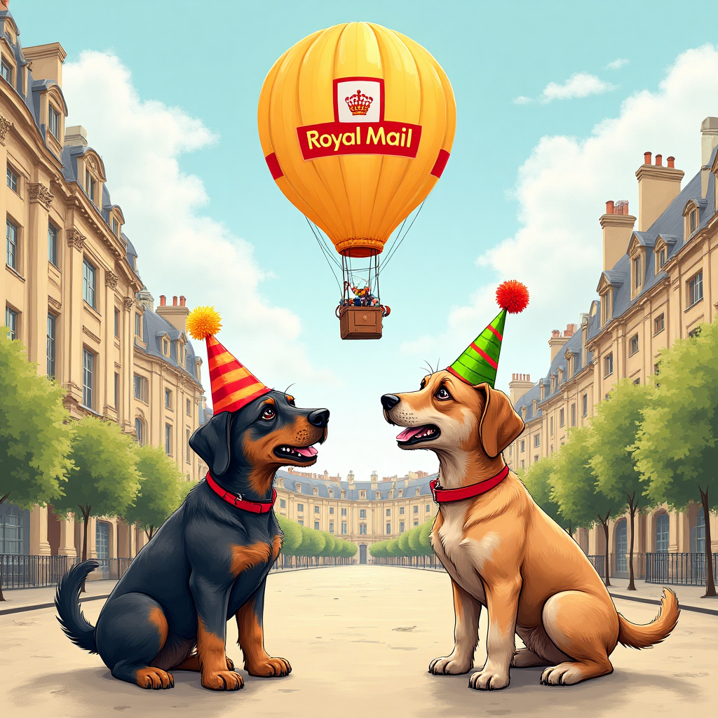 Bright hot air balloon , 2 funny cute dogs , City of bath , Royal mail , Jack Daniels , Birthday hats , and Birthday Card
