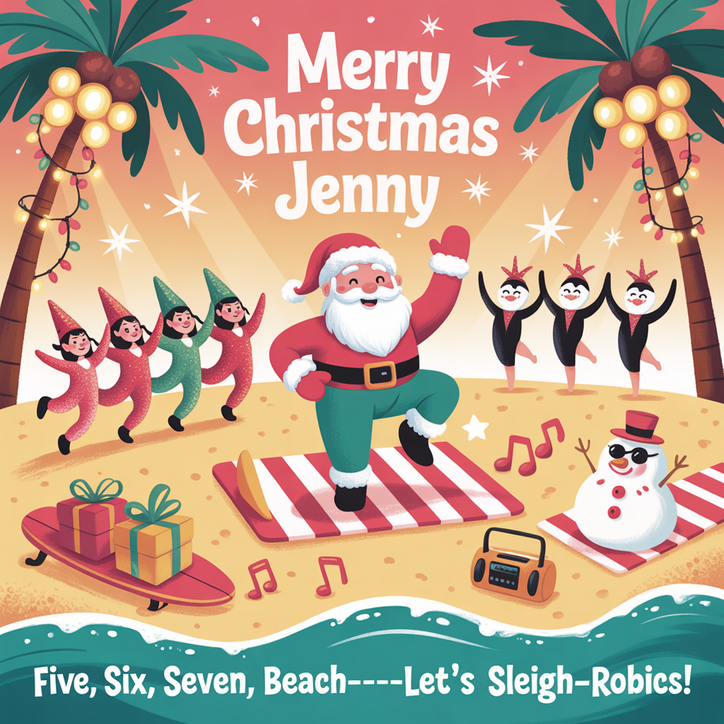 At the top of the Illustration Style image, "Merry Christmas Jenny"

At the bottom of the Illustration Style image, "Five, six, seven, beach—let’s sleigh-robics!"

Hand-drawn, cute illustration: On a sunlit tropical beach at golden hour, Santa leads a joyful aerobics-meets-musical-theatre class. He’s in a red sweatband and candy-cane leg warmers, mid-lunge with big jazz hands on a peppermint-striped mat. To either side, glittery elves and a tap-dancing penguin kick in a chorus line while a starfish troupe high-kicks with tiny top hats. Palm trees arch like a stage proscenium, wrapped in fairy lights and marquee bulbs casting soft spotlights onto the sand. A seashell boombox bounces music notes; a sand-snowman in sunglasses cheers from a striped beach towel. A surfboard sleigh piled with presents rests by the teal surf; reindeer hoofprints trail along the shoreline. Warm, expressive palette of holly greens, peppermint reds, sunlit golds, and seafoam teals; rounded, rosy-cheeked characters, playful motion lines, and sparkly star accents for extra cuteness. Balanced composition: low horizon to leave airy sky for the top lettering, bottom text nestled along a curl of foamy wave. Fine linework with textured brush strokes and soft, grainy shading throughout. Text treatment: top line in whimsical, candy-cane hand-lettering with twinkly highlights; bottom line in a bouncy teal script that echoes the rhythm of the tide.
Generated with these themes: Aerobics, musical theatre , beach , and .
Made with ❤️ by AI.