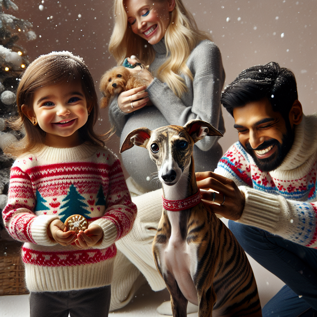 Whippet tiger stripes, Daughter mixed race age 2 , Blonde pregnant mum , and Indian trendy dad Christmas Card