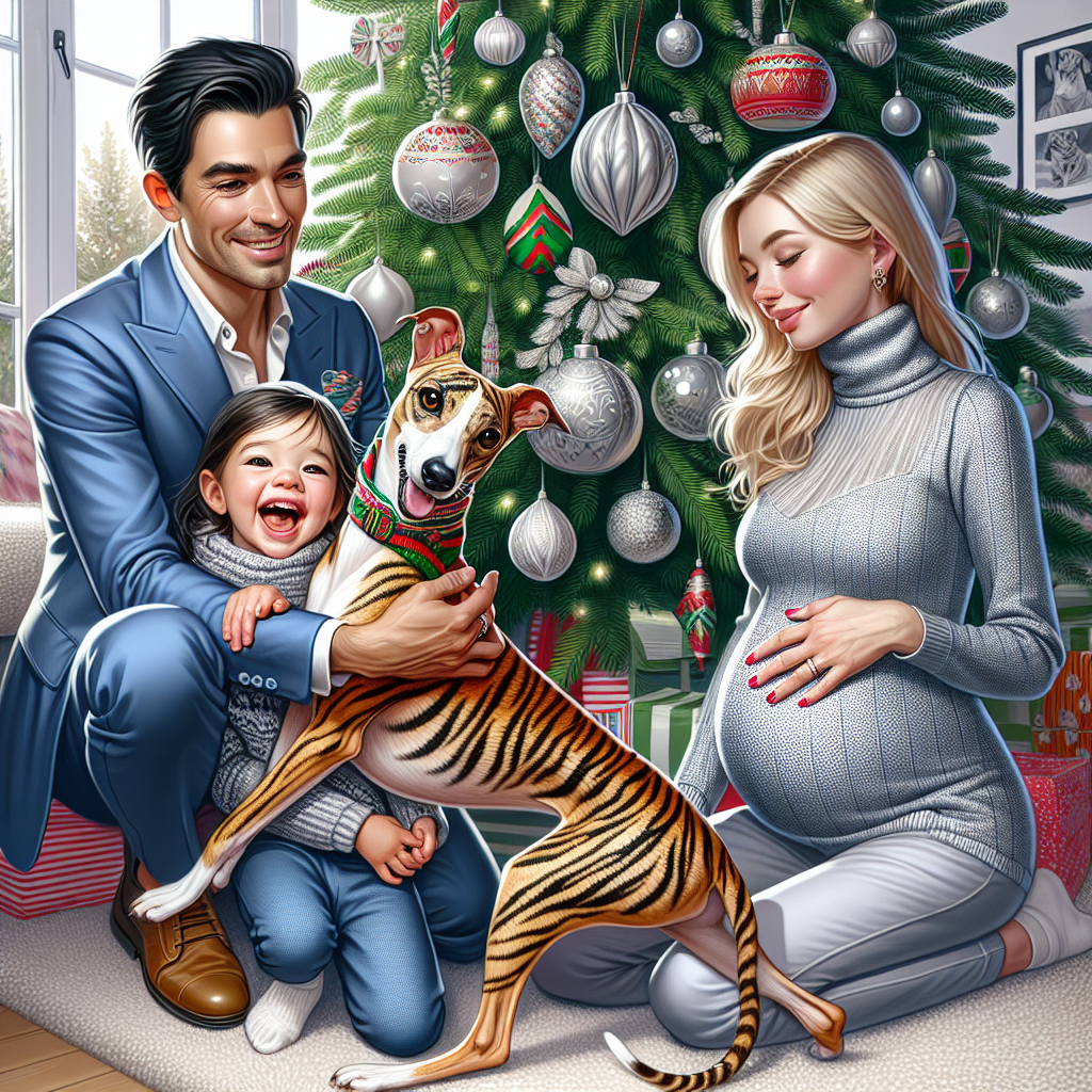 Whippet tiger stripes, Daughter mixed race age 2 , Blonde pregnant mum , and Indian trendy dad Christmas Card