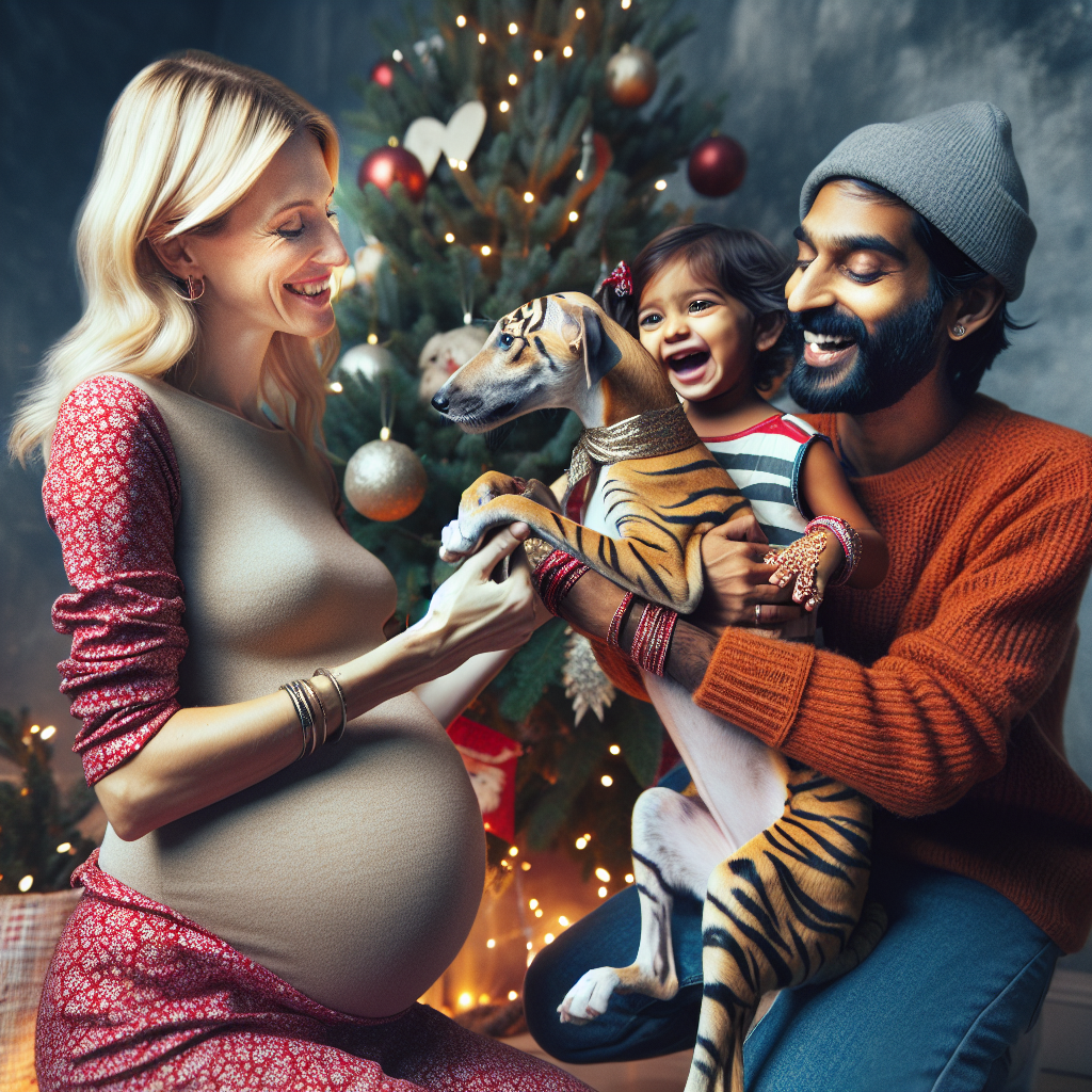 The illustration showcases a tender Christmas moment as a blonde, pregnant mum in a festive dress smiles down at her 2-year-old mixed-race daughter, who is delightedly hugging a whippet with playful tiger stripes. In the background, the trendy Indian dad adds a dash of modern flair as he strings lights around the family Christmas tree, completing the scene of holiday cheer and familial love.
Generated with these themes: Whippet tiger stripes, Daughter mixed race age 2 , Blonde pregnant mum , and Indian trendy dad .
Made with ❤️ by AI.