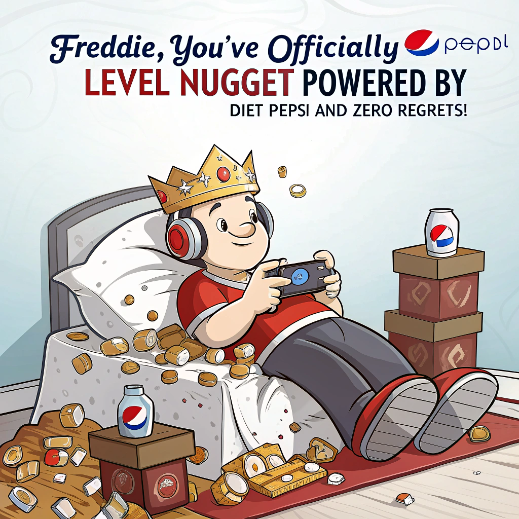 At the top of the image, "Freddie, you've officially reached Level NUGGET – powered by Diet Pepsi and zero regrets!"

- In the center of the cartoon image, show a bedroom in chaotic but hilarious disarray: Freddie, in gaming headphones and birthday crown, is dramatically slouched in bed, surrounded by an epic fortress made of empty chicken nugget boxes and Diet Pepsi cans.
- His console controller is in one hand, the other gripping a nugget like it’s a precious gem.
- On the TV screen, his gaming character is asleep, mimicking him.
- There’s a cake off to the side... completely untouched, labeled “Actual Nutrition?”
- A cheeky little pet (like a dog or cat) wearing gamer glasses watches on unimpressed.
- Balloons spell out "LEVEL 30 - NOW WITH EXTRA SAUCE" in the background.
- The whole scene has a wild Saturday-night-at-10am energy — total gaming marathon aftermath with a greasy twist.
Generated with these themes: Computer, Gaming consoles, Bed, Diet pepsi, and Chicken nuggets.
Made with ❤️ by AI.