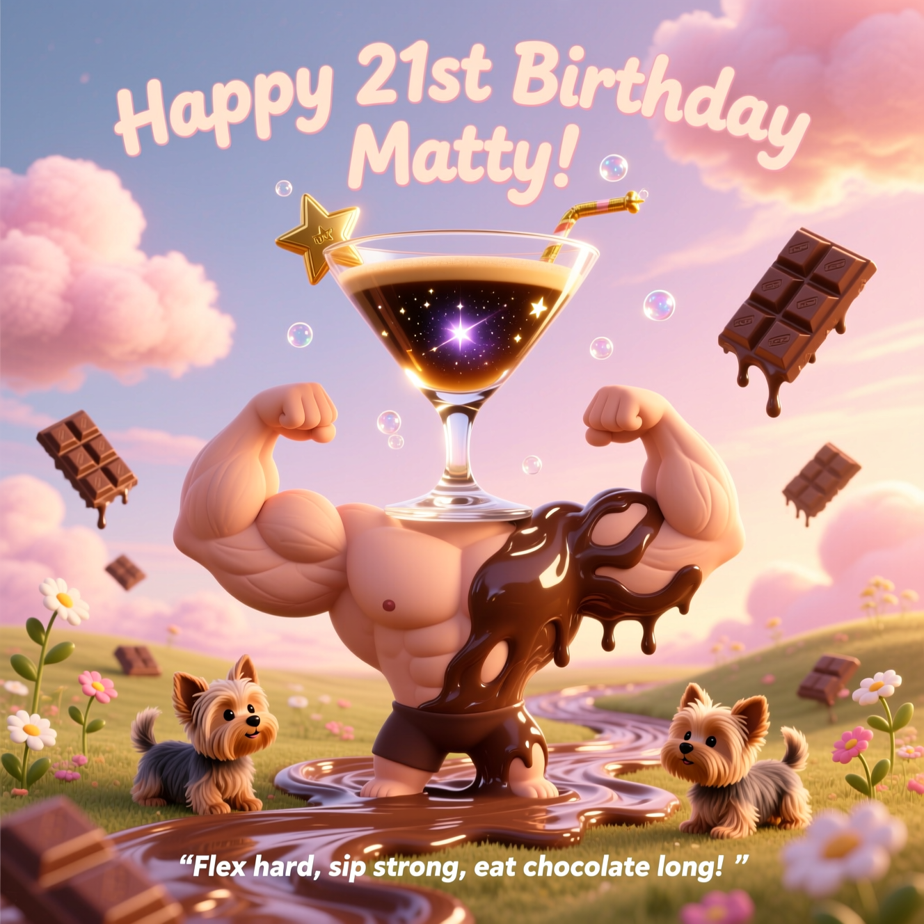 Here’s the surreal greetings card front cover prompt for the image:  

---

**Prompt:**  
At the top of the Surreal Style image, in playful, dreamy lettering, write: **Happy 21st Birthday Matty**  

In a whimsical, surreal dreamscape, a giant gleaming espresso martini glass is balanced like a trophy on the flexed bicep of a cute cartoonish bodybuilder with exaggeratedly round, soft features (more adorable than intimidating). The bodybuilder’s muscles morph into swirling chocolate rivers that melt and twist into oversized Yorkie chocolate bars, which float like clouds across a pastel sky. Tiny Yorkie bars sprout like flowers from the ground, while some melt and reform into little puppy-like chocolate creatures that wag their tails. The espresso martini glass shimmers with galaxies inside the liquid, glowing softly, with star-shaped bubbles rising. Ethereal lighting bathes the scene in a golden-pink glow, making everything look magical and slightly otherworldly.  

At the bottom of the image, add a small cute line of text:  
**“Flex hard, sip strong, eat chocolate long!”**  

---  

Would you like me to also suggest **three alternate mini taglines** you could swap in for the bottom text, in case you want a different flavor of humor?
Generated with these themes: Body building , Expreso Martin , Yorkie chocolate , and .
Made with ❤️ by AI.