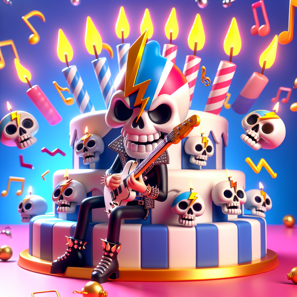 A lively animation of a birthday event is happening with cartoon skulls adorned with iconic lightning bolt designs reminiscent of a classic glam rock persona. Positioning at the significant parts of the scene, a generic cartoon character clutching an electric guitar stands, musical notes seemingly floating and moving around in sync with the melody. The background is a colorfully rendered birthday cake, candles undulating rhythmically as though keeping time with the tune of timeless rock anthems.
Generated with these themes: David Bowie , Skulls, and Music.
Made with ❤️ by AI.