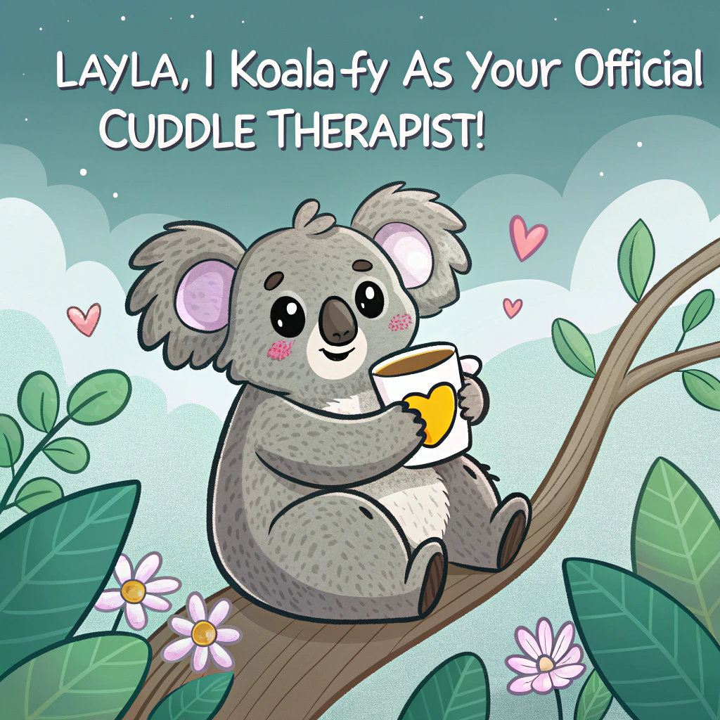 At the top of the image, "Layla, I koala-fy as your official cuddle therapist!"

- In the center of the image, feature an adorable, chubby koala sitting on a tree branch, clutching a tiny box of tissues with one paw and holding out a cup of chamomile tea with the other.  
- The koala should have big glossy eyes with a soft sparkle, conveying heartfelt sympathy.  
- Surround the koala with eucalyptus leaves and tiny, floaty heart shapes for extra cuteness.  
- The background should be a soothing pastel tone, like soft lavender or mint green.
Generated with these themes: koala bear.
Made with ❤️ by AI.