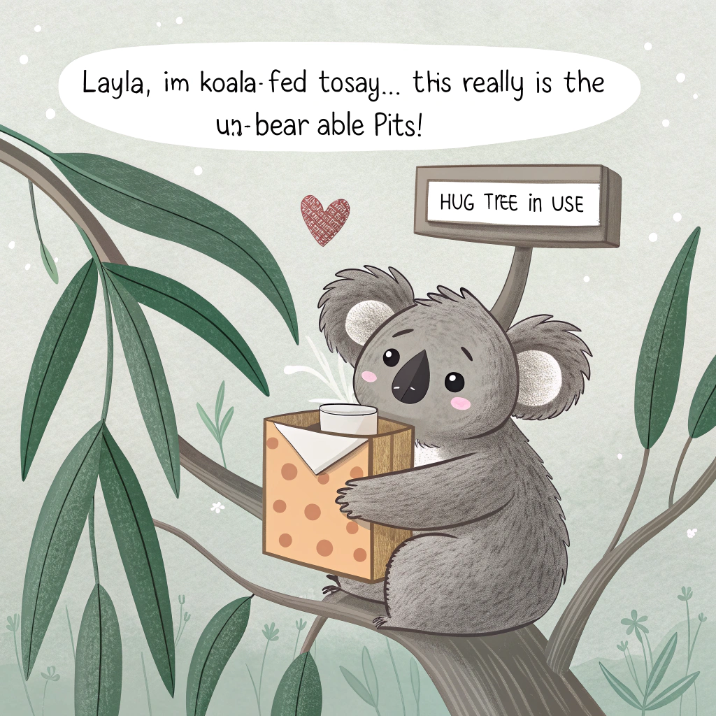 At the top of the image, "Layla, I'm koala-fied to say... this really is the un-bear-able pits!"

- Create a cute, comforting vector illustration of a fluffy, sad-eyed koala hugging a box of tissues while perched on a eucalyptus branch that's slightly droopy.
- The koala has an oversized mug of chamomile tea beside it, with steam rising in the shape of a tiny heart.
- Add a small sign dangling from the tree that reads, “Hug Tree in Use.”
- The color palette should be soft and soothing: gentle greys, eucalyptus greens, and hints of pastel pink and sky blue.
- Optional background detail: a soft gradient of warm twilight sky with tiny sparkles or gentle falling leaves for added whimsy.
Generated with these themes: koala bear.
Made with ❤️ by AI.