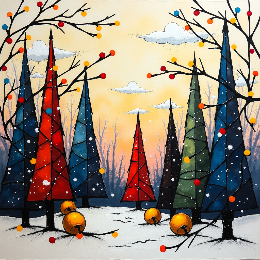 In this whimsical abstract Christmas scene, imagine a vibrant canvas that stretches the imagination, a nod to the playful intricacies of Miró intertwined with Mondrian's geometric harmony. The center stage is occupied by a series of Christmas trees, their silhouettes formed by intersecting lines and overlapping shapes reminiscent of Kandinsky's dynamic compositions. These trees are not ordinary—they are multicolored, with hues of azure blue, fiery red, and sunny yellow, bordered by black lines, forming a mosaic of color blocks much like Mondrian's iconic works.

Above, a Pollock-inspired snowfall cascades across the scene, with splatters of white paint zigzagging through the air, creating an energetic snowfall that dances freely in the sky. Intertwined within the chaotic flurry, gold and silver bells, abstract and slightly cubist in form, hang suspended as if caught in mid-jingle, their shiny surfaces capturing flashes of color from the scene around them.

Surrounding the trees, strands of Christmas lights coil and twist like Twombly's calligraphic loops, their bulbs rendered as small, vibrant orbs that glow in abstract shades, illuminating the scene with a Rothko-like depth. These lights meander through the snow and between the trees, creating a rhythmic dance of color and form.

In the distant background, the name "Edmonton Zone Analytics" is subtly woven into the scene as part of a large, spiraling cloud formation. Each letter appears to float on a stream of abstracted wind, artistically blending into the textured sky. The letters themselves, crafted in a de Kooning-inspired brushstroke, add an expressive dimension, swirling in the soft hues of dawn, from pastel pinks to gentle purples, echoing the serenity of Agnes Martin's grids.

The overall scene is anchored by a series of sharp-edged geometric shapes reminiscent of Malevich, forming the abstract base of the landscape, creating a structured yet playful harmony that is both a celebration of Christmas and a unique artistic expression.
Generated with these themes: Christmas trees, snow, bells, christmas lights.
Made with ❤️ by AI.
