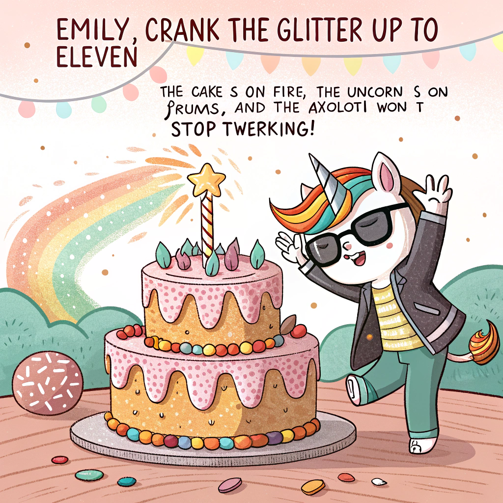 At the top of the image, "Emily, crank the glitter up to eleven – the cake’s on fire, the unicorn’s on drums, and the axolotl won’t stop twerking!"

- In the center of the image, illustrate a wild party scene with a ridiculously adorable axolotl in disco shades mid-twerk on top of a triple-layered, over-the-top birthday cake (each layer in different candy colors).  
- A majestic unicorn wearing rockstar sunglasses and a leather jacket is jamming out on a full drum kit made of rainbow-frosted donuts.  
- Musical notes, flying sprinkles, and glitter confetti fill the background.  
- Balloons float overhead shaped like musical instruments and little fish.  
- Everyone in the scene has a look of comically exaggerated joy, like they're in the weirdest birthday concert of the century.
Generated with these themes: Axolotyl, Cake, Music, and Unicorn .
Made with ❤️ by AI.