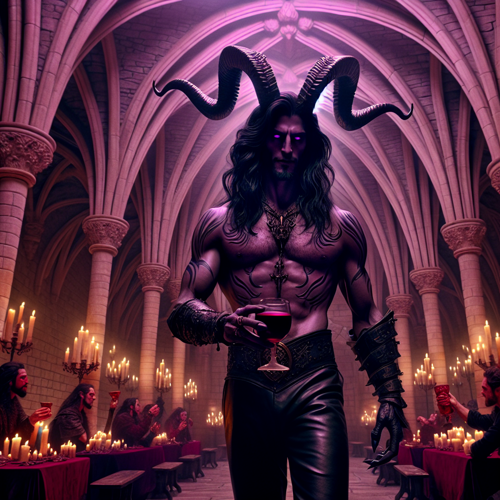 Male demon, Long straight black hair, Purple eyes, Muscles, Leather trousers, Fantasy setting, Dungeon, Wine, Demon lord, Black horns, Anime style, Noble , and Warlock Birthday Card