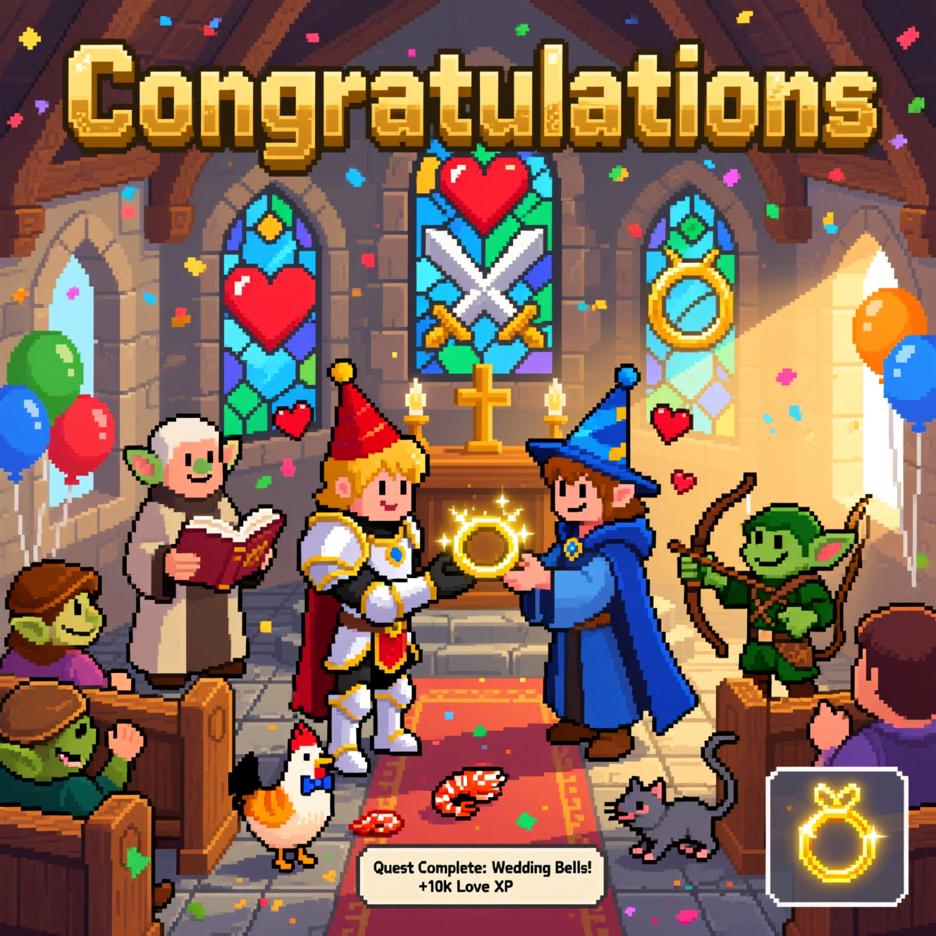 At the top of the Pixel Art Style image, Congratulations

Render the headline as big, gold, blocky pixel letters with a tiny drop shadow.

Crisp 8-bit pixel art, vibrant limited palette, chunky square pixels, nostalgic video-game charm; portrait composition.

Scene: A RuneScape-style chapel interior (Lumbridge vibes), isometric angle. Stone floor tiles, wooden pews, pixel stained-glass panes showing classic skill icons (red heart, crossed swords, and a golden ring). Warm sunbeams slant through the windows.

Center stage: Two pixel adventurers at the altar exchanging shimmering gold rings. One wears gleaming white-trimmed rune armor with a red partyhat; the other sports elegant blue wizard robes, a sapphire cape, and a blue partyhat. Both have floating pixel hearts and a sparkling ring-slot glow between them.

A priest NPC in simple robes holds an open book; a goblin ring-bearer waddles by with a tiny pillow. Guests in the pews include: a noob in full bronze spamming a dance emote, a ranger in green flicking a bow emote, and a fisherman waving a raw shrimp. A cheeky chicken in a bowtie pecks near a dropped shrimp; a pet cat chases a rat by the aisle. Party balloons drift from the rafters like a Falador party-room drop.

UI-flavored gags: a tiny inventory panel pop-up showing a glowing ring icon highlighted (no labels). Pixel confetti bursts and +HEART particles float up.

Color palette: golds, sandstone, emerald greens, sapphire blues, with high-contrast outlines and light dithering.

At the very bottom, inside a small RuneScape-style chat box, include one short line of text: Quest Complete: Wedding Bells! +10k Love XP

No other text.
Generated with these themes: RuneScape, and .
Made with ❤️ by AI.