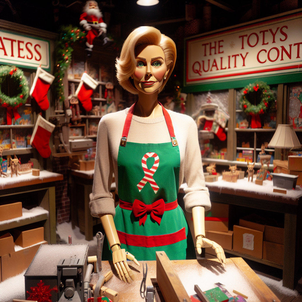 At Santa's workshop, an animatronic Kim Woodburn becomes the overseer of toy quality control, wearing a Christmas-themed apron over her outfit. She is surrounded by a mess of wrapping paper and ribbons, presumably after a cleaning spree to keep the elves' work area tidy for the festive season.
Generated with these themes: Kim Woodburn.
Made with ❤️ by AI.