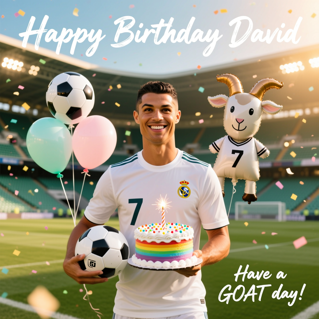At the top of the Photorealistic picture taken from a camera image, Happy Birthday David

Ultra-high-definition 4K UHD photograph, cute and celebratory. Medium-close portrait of Cristiano Ronaldo on a sunlit football pitch, smiling warmly to camera. He wears an unbranded, clean white kit with the number 7 and holds a football playfully decorated like a birthday cake with white frosting, rainbow sprinkles, and a small sparkling candle. Pastel balloons (including a soccer-ball pattern) float behind him, with a cute helium goat-shaped balloon in the background wearing a tiny plain “7” jersey for a cheeky GOAT nod. Soft confetti drifts through the air. Stadium seats and lights blur into creamy bokeh, golden-hour rim light on his hair, realistic skin texture and lifelike details.

Composition: centered subject with generous headroom for the top text; eye-level angle; shallow depth of field. Lighting: warm, natural, accurate shadows and highlights. Camera look: full-frame DSLR, 85mm lens, f/1.8, ISO 200, 1/500s, crisp focus on eyes. Color palette: warm greens and pastels for a cute mood. Typography for the top line: bold white brush script with a soft drop shadow and gentle glow for legibility. Small additional caption at the bottom right in neat handwritten white text, one line: Have a GOAT day!

No logos, no watermarks, no brand names. Realistic, lifelike textures, rich depth of field, true-to-life rendering.
Generated with these themes: Cristiano Ronaldo, and .
Made with ❤️ by AI.