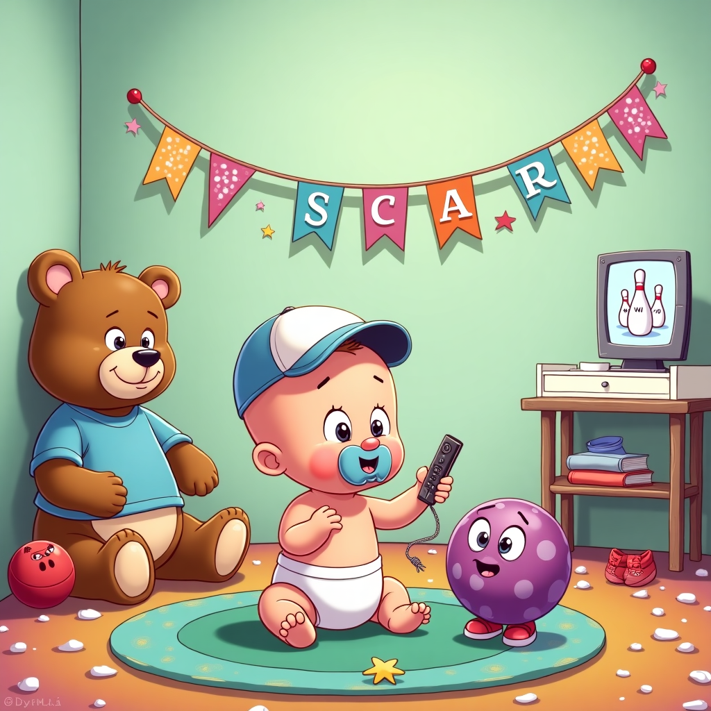 **Scene Description for a New-Baby Greeting Card:**

In a whimsical, cartoon-style scene reminiscent of classic comic strips, imagine a lively nursery setting with playful exaggeration. The backdrop is a soft pastel nursery room, walls painted in gentle hues of mint green and baby blue. On one side, a giant plush teddy bear, almost as tall as the ceiling, leans casually against the wall, wearing a tiny, comical bowling shirt. Its eyes are wide, and its oversized paws clutch a baby-sized bowling pin.

In the foreground, a playful and exaggerated representation of a tiny baby wearing a cute diaper and a pint-sized bowler's cap sits atop a colorful playmat. The baby is enthusiastically clutching a pint-sized Wii remote with chubby hands, ready for an imaginary game of Wii bowling. The baby’s features are slightly exaggerated: big round eyes with long, cartoonish lashes, and an oversized pacifier that dangles amusingly.

On the floor next to the baby, a small, animated bowling ball with a face and expressive eyes looks on, wide-eyed and slightly confused. The bowling ball is painted in a vibrant purple with polka dots in various pastel colors, and it wears an adorable tiny pair of baby shoes.

Hanging across the nursery wall is a vibrant, celebratory banner with colorful flags, each flag spelling out a letter, forming the name "OSCAR" in bold, cheerful letters. The flags are painted in a playful mix of primary colors, creating a sense of joyful chaos.

In the background, a digital screen reminiscent of a Wii game setup hangs above a changing table, showing a cartoon bowling alley. The bowling pins on the screen have comical, wide-eyed expressions as if they are nervously awaiting the baby’s next move. The carpet under the playmat is a rich tapestry of bright colors, with patterns of stars and bowling pins, adding an extra layer of whimsy.

Scattered around the room are classic baby toys, like a large red rubber ball with a painted-on smiling face and a stack of alphabet blocks, some toppled over with exaggerated physics, displaying letters that spell out "BABY" in playful disorder. In one corner, a small plant sits on a low shelf, its leaves exaggeratedly large, painted in a vivid, almost luminescent green.

Overall, the scene combines a sense of youthful wonder with the absurdity of a bowling-themed nursery, blending elements from beloved classic cartoonists with a fresh, vibrant twist.
Generated with these themes: wii bowling.
Made with ❤️ by AI.