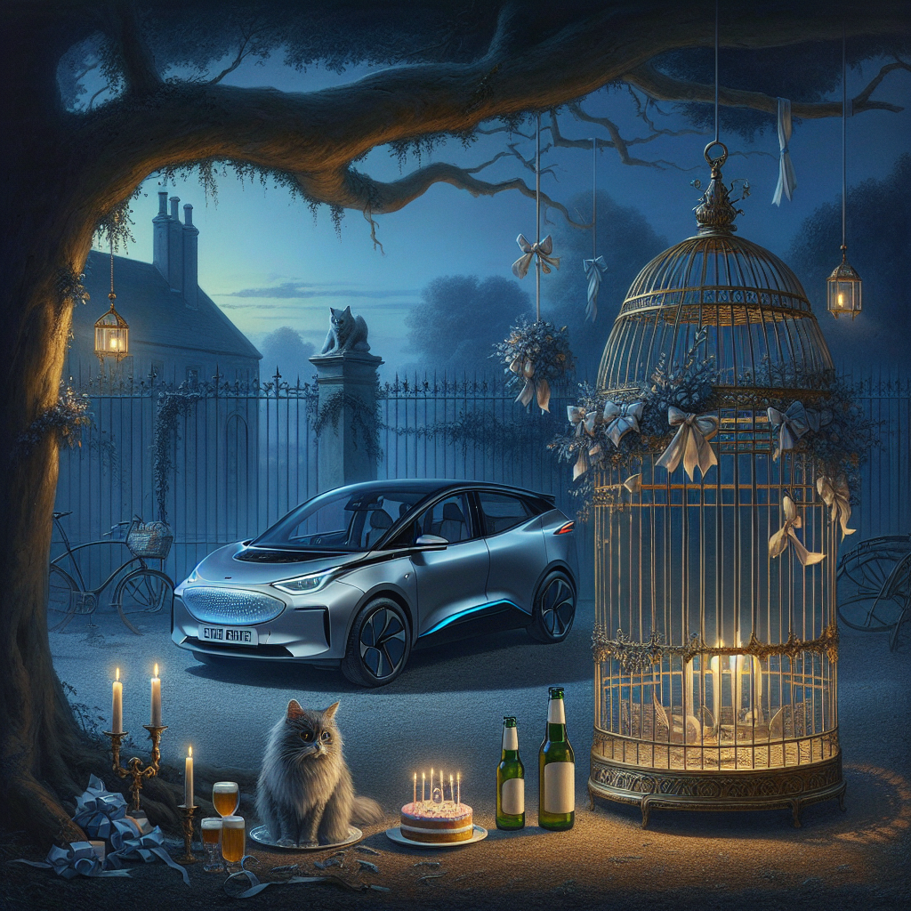 For the second variation, embody the grave mood of a birthday setting through a twilight scene, employing a color scheme of deep blues and greys. A modern, sleek electric car is parked under a overhanging tree, its headlights gently lighting up a cake and two beer bottles perched on its hood, creating a sense of adult celebration. Not far off, a clowder of cats gaze out from an opulently designed iron cage, inspired by classic birdcages, adorned with a delicate array of birthday ribbons attached to the bars. The ensemble paints a pondering and sophisticated deviation from the conventional festive theme.
Generated with these themes: Tesla, Beer, and Cats in cage.
Made with ❤️ by AI.