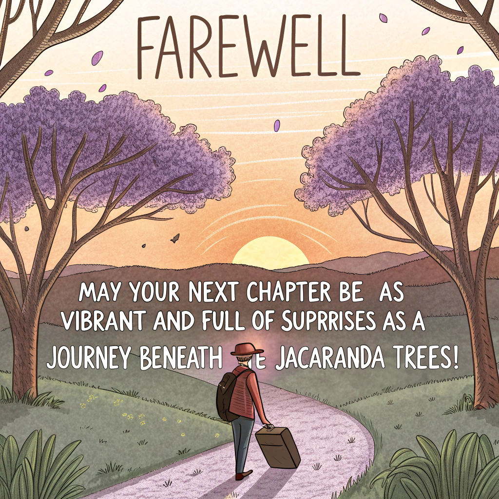 Jacaranda trees, travel, and Farewell Card