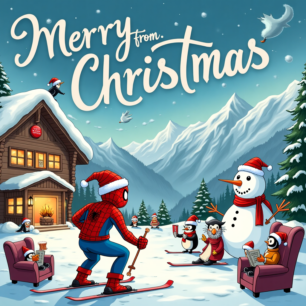 The front cover of the Christmas card bursts with whimsical chaos and festive fun, capturing a snowy mountain village where the holiday spirit is in full swing. In the foreground, Spiderman, donned in a festive red and white Santa hat over his usual costume, is hilariously entangled in his own web that’s draped across a chairlift. He's attempting to ski down the slopes but has hilariously gotten himself stuck halfway up the mountain, his skis dangling in the air with comic book-style action lines depicting his struggle. Nearby, the ski lift’s control panel humorously sports a large red button labeled “Spider-Mode,” with a group of onlooking penguins in tiny winter hats giggling at the scene.

To the left, an alpine lodge is designed to resemble a giant open book, its cover acting as the lodge's roof with the title "Tales from the Christmas Alps" emblazoned across it in elegant gold letters. Peering through the lodge windows, you see warm lights and a roaring fire, around which tiny gnomes are cozily reading books titled "The Skiing Spidey Chronicles." These little bookworms are seated in oversized armchairs with plumes of pipe smoke forming whimsical shapes above them, subtly hinting at the "Cigare" theme with floating smoke shaped like reindeer and stars.

A large snowman in the village square wears a Spiderman mask as its carrot nose, its body adorned with miniature ski poles and a bookmark as a scarf. Above this lively tableau, the sky is a bright winter blue, where fluffy clouds spell out "Merry Christmas, Jérémy!" in a playful, loopy font, the letters forming as if they were spun from webs. A few curious birds perch on the letters, adding to the delightful sense of community and fun.

This scene, inspired by the styles of cartoon and comic legends, invites the viewer into a whimsical winter wonderland, brimming with humor and holiday cheer, personalized just for Jérémy.
Generated with these themes: Spiderman, Ski, Books, and Cigare.
Made with ❤️ by AI.