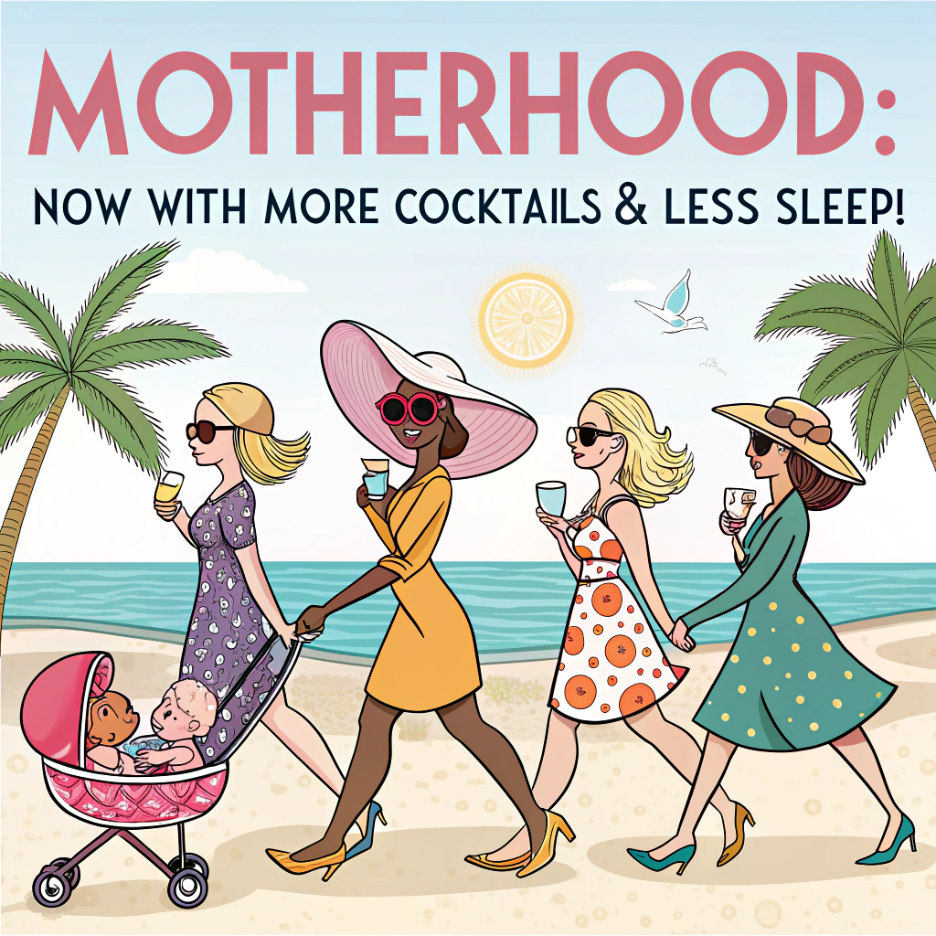 At the top of the image, "Motherhood: Now with More Cocktails & Less Sleep!"

- In the center of the image, illustrate a cheerful and playful cartoon beach scene.
- Six stylish cartoon women walk confidently along the shoreline in a loose formation like a badass beach squad.  
  - Five women are white, and one is Black — all are uniquely styled with colorful sundresses, wide sun hats, and fabulous sunglasses.
- Each woman is pushing a cute baby in a stroller — the babies are wearing adorable beachwear like sunhats and tiny sunglasses, holding tiny rattles or sippy cups.
- In their free hand, each mom holds a fun, colorful cocktail complete with paper umbrellas and slices of fruit.
- A couple of babies peek up curiously at their glamorous moms, while others snooze with tiny smiles.
- Add a soft sunset in the background, gentle waves, seashells in the sand, and maybe a seagull wearing a bib for extra whimsy.

At the bottom of the image, in bold fun letters:  
**“We Ride at Dawn, Bitches!”**

- Add sparkles and baby-themed icons like pacifiers, bottles, and rubber ducks tucked into the typography.
Generated with these themes: 6 women 5 white one black pushing strollers with babies in them on a beach while drinking cocktails , and Slogan we ride at dawn bitches .
Made with ❤️ by AI.