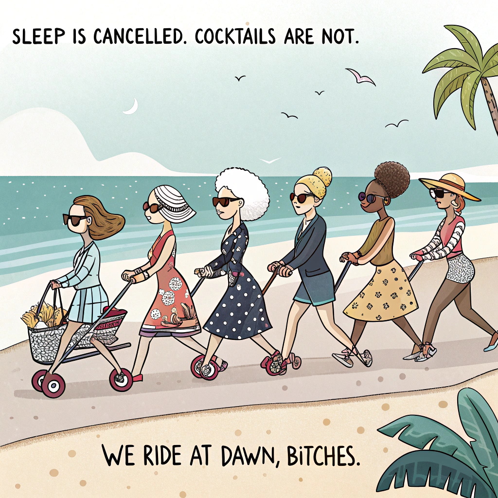 At the top of the image, "Sleep is cancelled. Cocktails are not."

At the bottom of the image, add: "We ride at dawn, bitches."

- In the center, depict a playful cartoon beach scene featuring six women pushing strollers along the sand in a slow-motion strut, looking fabulously tired but triumphant. Five women are white, one is Black, each dressed in quirky summer-mom-chic — sunglasses, messy buns, big hats, flowy coverups — and all are sipping from coconut cocktail drinks with tiny umbrellas.

- Their strollers each have a super cute baby peeking out — some with big pacifiers, some asleep, one maybe tossing a toy overboard.

- The ocean sparkles behind them, and there’s a beach sign that reads “Nap Zone 0 Miles” pointing the wrong way.

- The whole scene oozes chaotic new-mom joy and rebellious camaraderie, but with adorably pastel tones and heart-bubble doodles above the babies' heads.
Generated with these themes: 6 women 5 white one black pushing strollers with babies in them on a beach while drinking cocktails , and Slogan we ride at dawn bitches .
Made with ❤️ by AI.