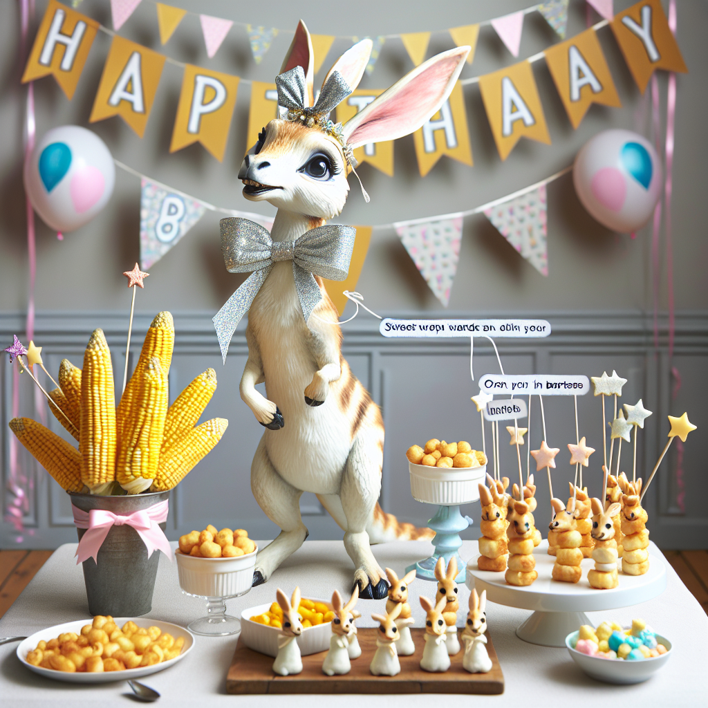 Visualize a whimsical birthday scene featuring a unique animal, a fusion of a bunny and a giraffe, with striking yet endearing qualities. Adorned with a sparkling birthday ribbon, the creature stands next to a table filled with inventive snacks. Imagine sweetcorn acting as magical wands for the guests to brandish, while cheese puffs are creatively arranged in cones, mimicking tiny party hats. The scene is further enhanced with cartoon-like decorative elements such as balloon animals, and a 'Happy Birthday' bunting draped across the room in a charming font style.
Generated with these themes: Bunny Giraffe Hybrid , Sweetcorn, and Cheese Puffs.
Made with ❤️ by AI.