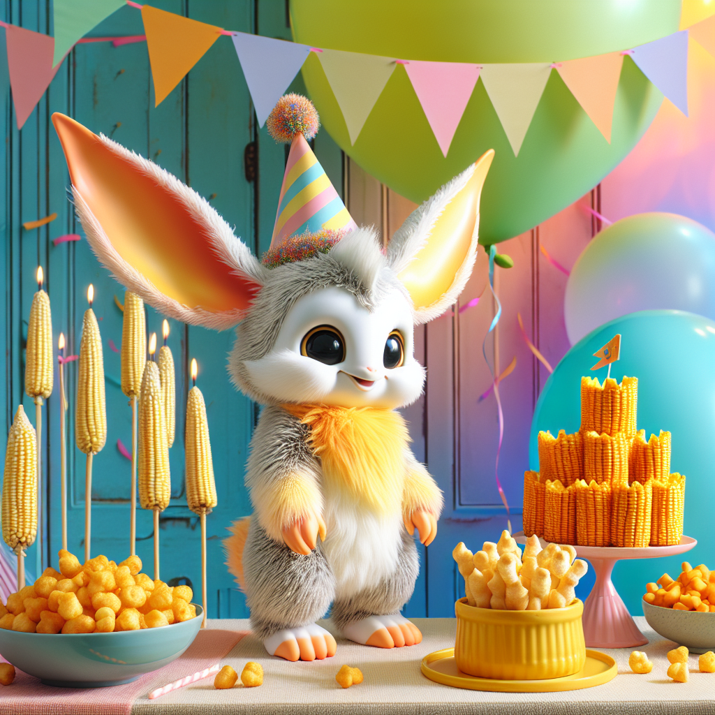 Visualize a lively and colorful birthday party. The star of the scene is a cute hybrid creature, a fusion of a bunny and a giraffe, standing tall with its long neck and drooping ears, all of which are adorned with a vibrant party hat. The creature is surrounded by a table full of festive food. Notably, the table has sweetcorn cobs arranged in an engaging manner to resemble a castle, and a bowl stuffed to the brim with cheese puffs, infusing a pleasing contrast of orange into the scenery. Pastel-colored balloons and streamers paint a joyous and playful atmosphere in the background.
Generated with these themes: Bunny Giraffe Hybrid , Sweetcorn, and Cheese Puffs.
Made with ❤️ by AI.