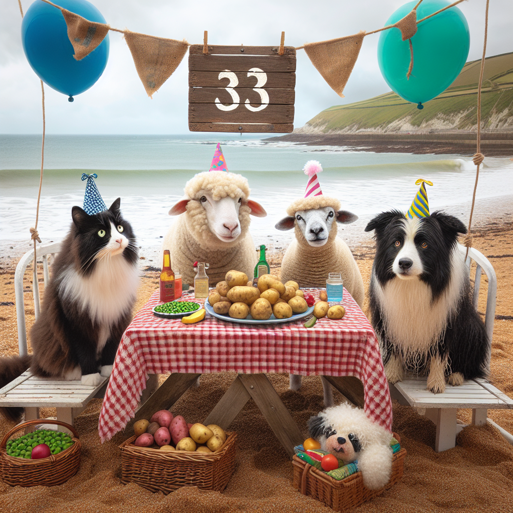 Black & white cat, sheep, border collie, potatoes and peas, England seaside, “33“ Birthday Card