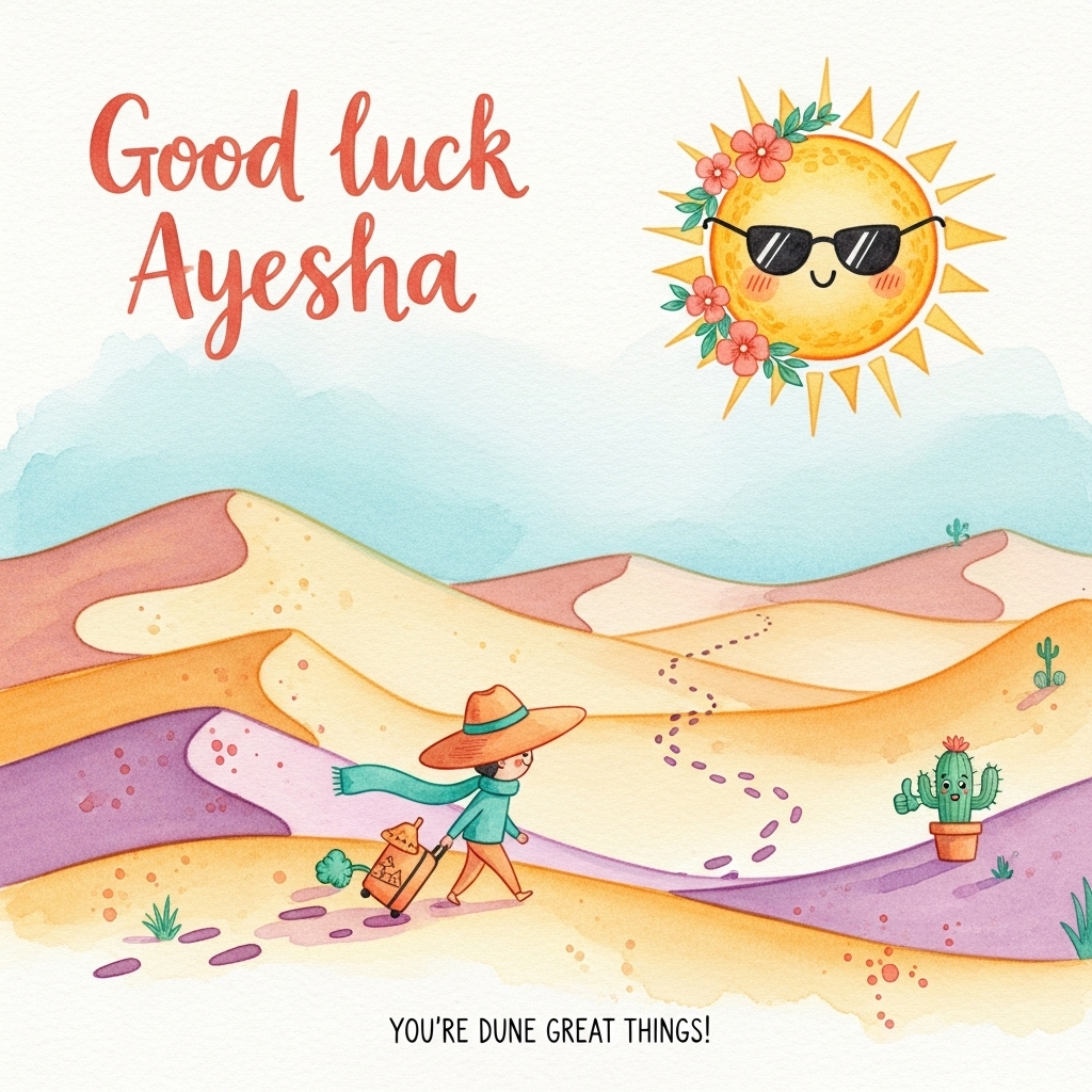 At the top of the Watercolor Style image, “Good luck Ayesha” in loose, playful hand-lettered watercolor script, warm terracotta ink with gentle bleeds and soft shadowing.

Wide, airy watercolor scene of a sunlit desert: rolling golden-ochre dunes with delicate gradients and subtle pigment blooms; a tiny, cheerful traveler in the midground walking across the sand with an oversized floppy hat and a teal scarf fluttering, towing a suitcase shaped like a little sandcastle bucket; a small potted cactus peeks out, giving a goofy thumbs-up. The sun is a big, citrusy watercolor disk with sunglasses and a friendly grin, haloed by soft blooms; a winding trail of footprints leads toward a distant oasis hint. Use soft washes, natural paper texture, and feathery edges to suggest heat shimmer and a breezy, humorous mood. Palette: apricot-to-cerulean sky, golden sand with rose-violet shadows, teal and coral accents. Keep forms simple, charming, and whimsical; avoid hard outlines.

At the bottom in tiny witty watercolor lettering: “You’re dune great things!”
Generated with these themes: Desert walking sun sand, and .
Made with ❤️ by AI.