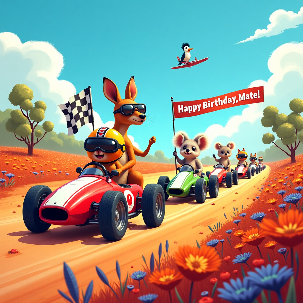 In the heart of the Australian outback, beneath a blazing azure sky, a whimsical Formula 1 race is underway. Imagine a vibrant, bustling scene with red, orange, and purple wildflowers carpeting the vast landscape. The main attraction: a kangaroo, sporting a tiny racing helmet, is energetically hopping alongside a line of miniature Formula 1 cars, all painted in brilliant, eye-catching colors. Each car is piloted by an equally charismatic koala wearing aviator goggles, a nod to the typical racing gear. In the background, an emu acts as the flamboyant flag-waver, its tall feathers flowing dramatically in the breeze as it waves a checkered flag.

Adding to the playful chaos, a row of wombats serve as the pit crew, each clad in mechanic overalls, holding oversized tools in their tiny paws, ready to make any necessary "repairs." Off to the side, a kookaburra perched on a eucalyptus branch lets out its unmistakable laugh, adding an audible dimension to the humor. In the sky, a biplane pulls a banner that reads "Happy Birthday, Mate!" in bold, festive letters.

The scene is reminiscent of a grand race day but with a delightful, quirky twist, echoing the narrative storytelling of Beatrix Potter and the detailed charm of Quentin Blake. Every element of the scene contributes to a lively tableau, packed with details that tell a playful story of an unforgettable birthday Down Under.
Generated with these themes: Australian Formula 1 .
Made with ❤️ by AI.