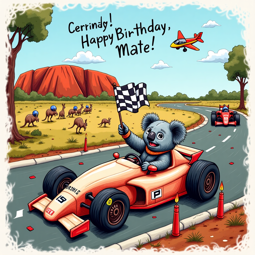 In the foreground of the birthday card, a comically oversized birthday cake takes center stage, shaped like a race car, complete with edible tires made of licorice and frosting-detailed spoilers. Atop this cake, a jubilant koala in a racing suit and helmet waves a checkered flag, its fluffy ears poking out, as if it’s just crossed the finish line. Scattered around the cake are vibrant birthday candles designed to look like miniature racing pylons. The background features an imaginative rendering of an Australian landscape, with a winding Formula 1 track looping around the iconic Uluru. On this track, a line of native Australian animals—kangaroos, emus, and wombats—are engaged in their own quirky race, each donning tiny race helmets. In a nod to the artists like Edward Gorey and Quentin Blake, the characters are depicted with exaggerated, playful expressions, and the scene is sprinkled with intricate linework and dynamic, expressive details. Overhead, a colorful skywriting plane trails the message “Happy Birthday, Mate!” across a clear blue sky. The edge of the card is decorated with a border inspired by Aubrey Beardsley's intricate patterns, subtly echoing tire tracks intertwined with eucalyptus leaves. This whimsical, story-rich illustration offers a unique fusion of Australian charm and high-speed excitement, perfect for a Formula 1 enthusiast's birthday celebration.
Generated with these themes: Australian Formula 1 .
Made with ❤️ by AI.