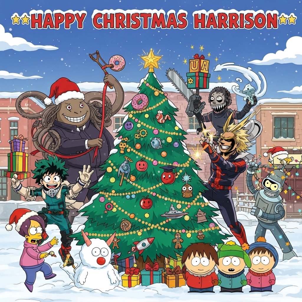 Assassination classroom, My hero academia , The simpsons, Chainsaw man, Jujitsu kaisen, Futurama, South park , and Christmas Card