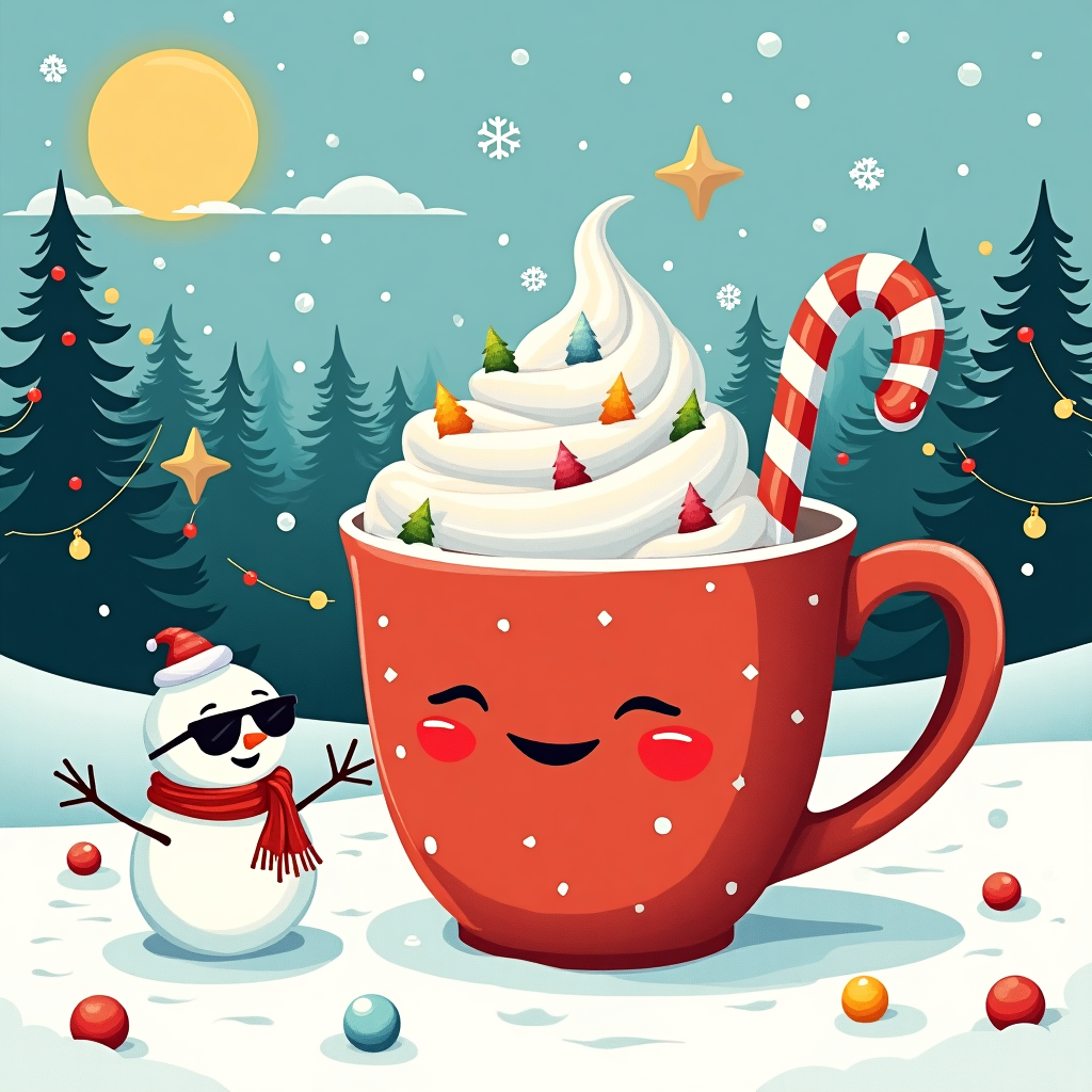 In the center of the card, there's an oversized, whimsical mug filled to the brim with hot chocolate, topped with an exaggerated swirl of whipped cream and a sprinkle of colorful marshmallows shaped like tiny Christmas trees. The mug itself is humorously anthropomorphic, with a smiling face and winking eye, reminiscent of the playful characters often seen in Yulia Sokolova’s work. Its handle is designed like a candy cane, red and white stripes spiraling elegantly.

The background is a lively winter wonderland with a modern twist, inspired by the vibrant colors and bold lines of Orlando Arocena and Patrick Seymour. The snow is not just ordinary; each flake is a unique geometric shape, reminiscent of Cristiano Siqueira’s intricate patterns, cascading down in a spectrum of blues and whites. Some of the snowflakes have comically landed on the mug, with one balancing perfectly on its nose.

On one side of the mug, a small, cheeky snowman wearing oversized sunglasses and a scarf, styled in the clean, minimal lines akin to Malika Favre, is reaching up to dip a marshmallow snowball into the hot chocolate. His twig arms are exaggeratedly long, creating a dynamic, playful posture.

In the background, a stylized pine forest made up of abstract triangles, inspired by the sharp, geometric designs of Matt W. Moore, stretches across the horizon. The trees are decorated with large, cartoonish baubles and string lights, reminiscent of Geo Law’s bold and playful illustrations. Above, a cheerful sun, illustrated in a Joshua Davis-esque digital aesthetic, peeks through the fluffy clouds, casting a warm glow over the scene.

Overall, the composition combines playful elements with graphic boldness, inviting the viewer into a quirky Christmas celebration where hot chocolate, snow, and festive fun collide in a delightful tableau.
Generated with these themes: Mug with hot chocolate, snow .
Made with ❤️ by AI.