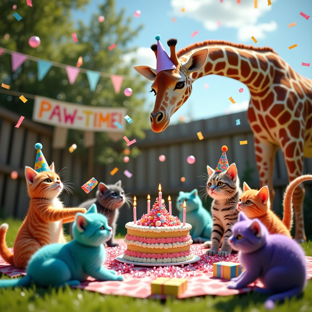 Giraffes and different colored cats birthday party Birthday Card