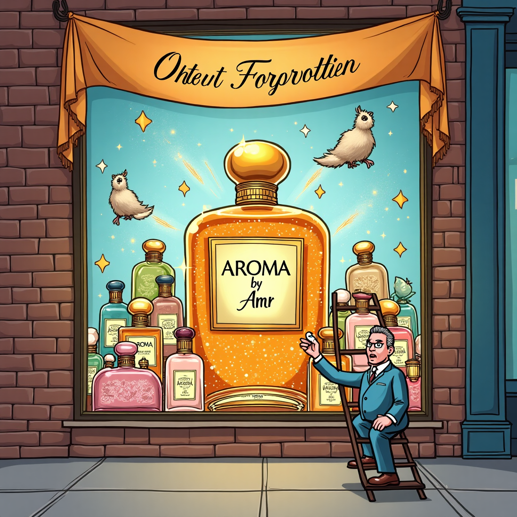 Window display of perfume bottles , Large bottle of perfume in the middle, Large bottle has label saying AROMA by Amr, and Banner in window says Once smelt, never forgotten Birthday Card