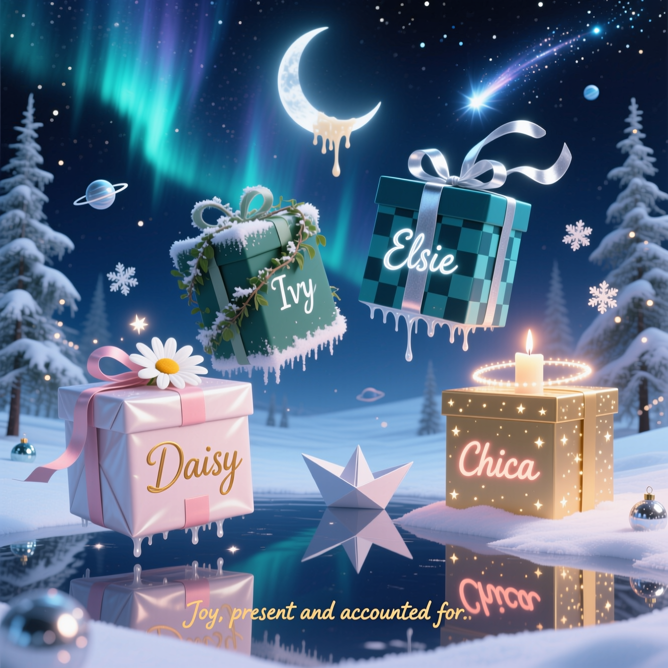 Dreamlike surreal Christmas night in an otherworldly snowfield under an indigo aurora and a crescent moon that gently melts like candle wax. Four oversized gift boxes float a breath above mirror-smooth, mercury-like snow, each glowing softly from within, sincere and warm.

- Box 1 (front-left): pearl-blush wrapping; ribbon unfurls into soft white daisy petals that slowly melt into starlight. Name “Daisy” on the front in warm rose-gold handwritten script, clean and clearly legible.
- Box 2 (front-right): deep teal wrapping with a chessboard pattern liquefying at the edges; silver ribbon streams upward like comet tails. Name “Elsie” in luminous silver calligraphy, crisp and readable.
- Box 3 (mid-left): evergreen gift entwined with living ivy looping in impossible Möbius curves; frost-kissed corners. Name “Ivy” etched in pale frost across the front, simple and legible.
- Box 4 (mid-right): candle-gold box studded with tiny orbiting stars; ribbon becomes a ring of light. Name “chica” in lowercase, glowing apricot handwriting on the front, clear and readable.

Surroundings: slender pines bow and melt into starlight threads; glass baubles drift like tiny planets; snowflakes morph into paper boats that sail upward. Ethereal volumetric light rays, soft bokeh, haloed highlights, long gentle shadows. Color palette: midnight blues, evergreen, blush, silver, candle-gold. Composition: vertical portrait (4:5), low angle, the four presents dominating the foreground, reflective snow doubling their glow. Style: Dali-inspired dreamlike surrealism with melting forms and tender, heartfelt atmosphere. No people, no logos.

Small caption text (include): “Joy, present and accounted for.” in subtle warm-gold handwritten lettering near the bottom center; keep all other text to only the four names and the caption. Ultra-detailed, soft film grain, sincere and festive.
Generated with these themes:  4 big presents with Daisy Elsie Ivy chica written on, and .
Made with ❤️ by AI.