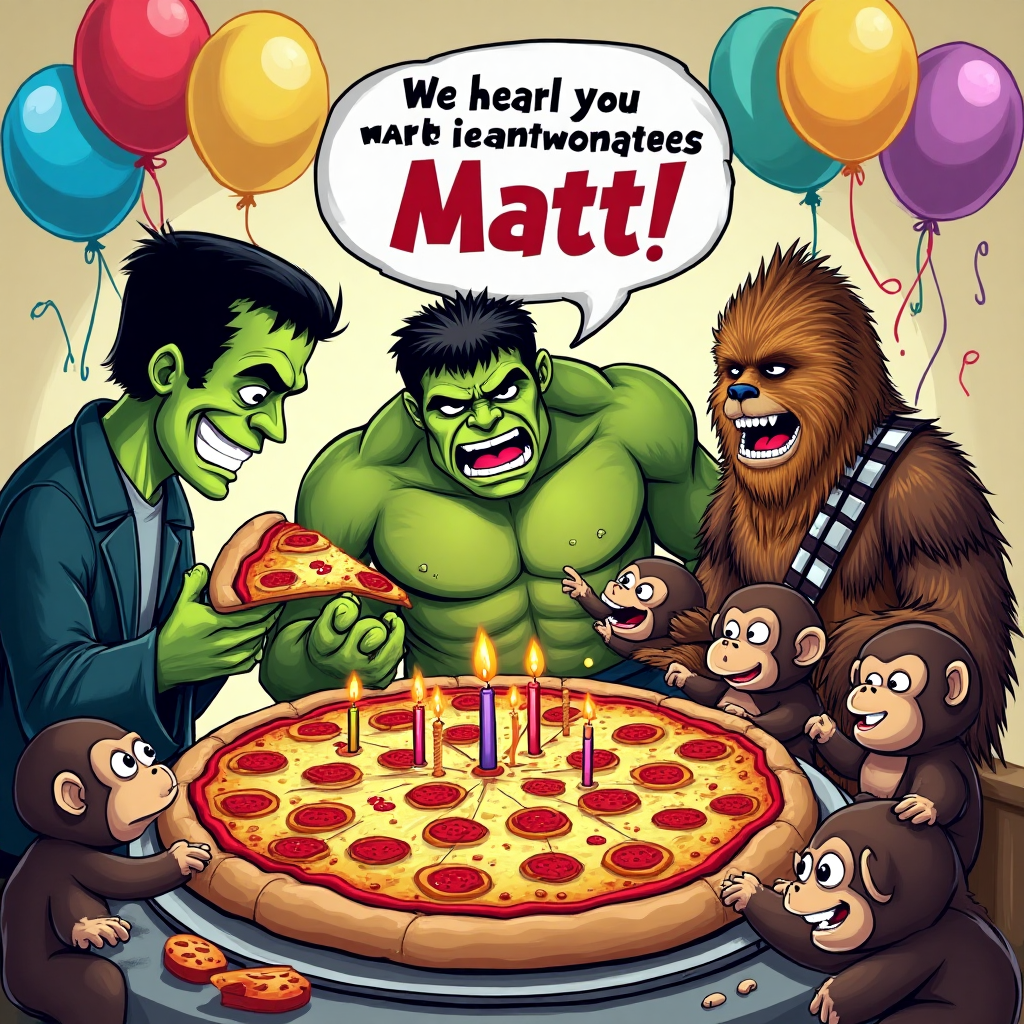 At the top of the Cartoon Style image, write "Happy Birthday Matt!"

---

**Image Description:**

In a vibrant and playful cartoon style, create a lively scene featuring Frankenstein, The Hulk, Chewbacca, and a bunch of mischievous monkeys all gathered around a giant birthday pizza. Frankenstein is holding a slice with a look of delight, The Hulk is about to munch on a whole pizza pie, Chewbacca is hilariously trying to blow out candles stuck in the cheese, and the monkeys are playfully juggling pepperonis and slices of pizza.

Bright, saturated colors with thick outlines highlight the characters' exaggerated expressions of joy and humor. The background shows a festive setting with balloons and streamers in bold colors. A speech bubble from one of the monkeys says, "We heard you wanted a monstrous party!" adding a cheeky twist to the scene.
Generated with these themes: Frankenstein, The Hulk, Chewbacca and some monkeys having a birthday pizza party, and .
Made with ❤️ by AI.