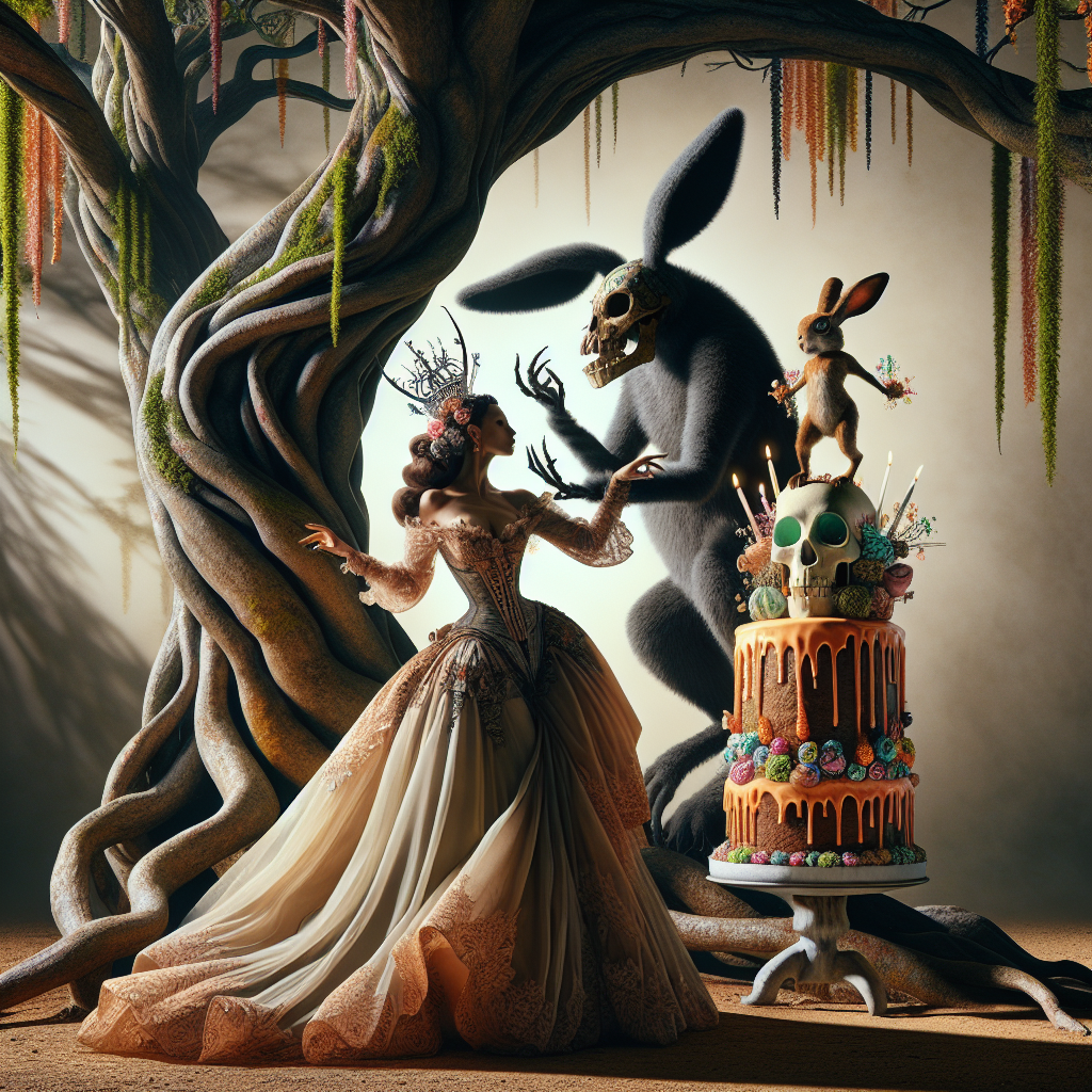 Create an image that fuses fantasy with somber realities in celebration of an anniversary. This scene features a captivating Hispanic woman in an enticing gown sharing an intimate dance with a towering, anthropomorphic rabbit, both situated under a canopy of whimsical foliage. Their silhouettes create bizarre shadows on the bark of the tree, creating an atmosphere reminiscent of a dream world. A skull, subtly decorated with icing and colorful sprinkles, is placed atop an extravagantly indulgent dessert. The juxtaposition of these elements presents the cyclical theme of life and death, as well as the transient nature of time.
Generated with these themes: Sexy lady, Rabbit, Skull, Sweets, and Tree.
Made with ❤️ by AI.
