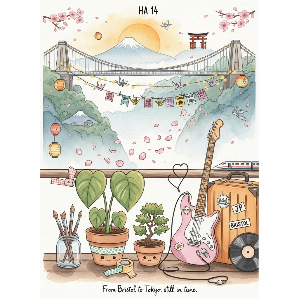 At the top of the Watercolor Style image, HA 14

Vertical, image-first composition in a cute, romantic watercolor look—soft washes, delicate gradients, subtle pigment blooms, and natural cold-press paper texture visible. Center scene: the Bristol suspension bridge spans a misty gorge, painted in pale stone and cool steel blues, its cables adorned with fairy lights, fluttering paper cranes, tiny indie gig flyers as bunting, and drifting cherry blossoms for a whimsical, decorated feel. Foreground on a cozy ledge: two adorable potted plants—a heart-leaf philodendron and a tiny bonsai—pots wrapped with washi tape patterns; a jar of paintbrushes and tape rolls hint at decorating together. Beside them, a pastel electric guitar leans against a travel suitcase covered in simple stickers (JP, BRISTOL, a bridge icon); a vinyl record peeks out, and the guitar cable loops into a subtle heart shape. Dreamy travel-to-Japan collage elements softly fade into the background: a gentle Mount Fuji silhouette, a small red torii gate, lanterns, a tiny Shinkansen, and petals weaving through the air toward the bridge. Palette: blush pinks, sage greens, sky blues, warm ochres, and gentle indigos with plenty of airy negative space. Warm golden-hour glow, rounded shapes, sweet faces on the plant pots for maximum cute.

At the bottom in tiny hand-lettered watercolor, a single short caption: From Bristol to Tokyo, still in tune.
Generated with these themes: Plants, decorating, travelling to Japan, indie rock, Bristol suspension bridge, and .
Made with ❤️ by AI.